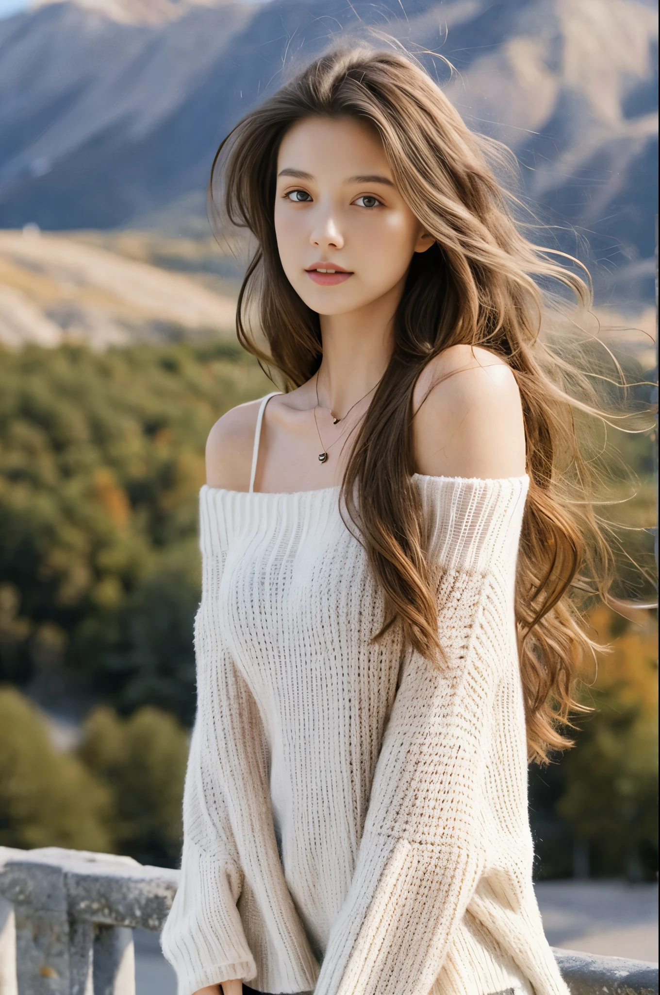 1girl in, age19, Solo, Middle hair,Wavy hair with gradients、 small tit, Looking at Viewer, long messy windy light brown hair, Bare shoulders, Full body, a necklace, off shoulders, White sweater, Realistic, A sexy, Colored leaves, mountains on background々.