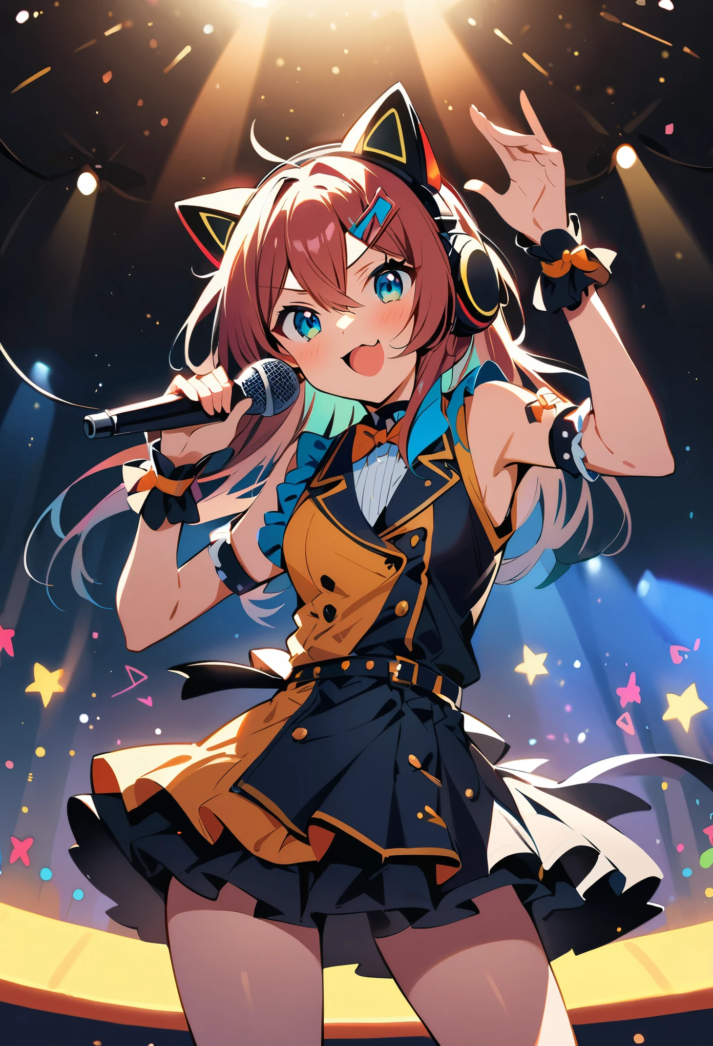 Cartoon, (best quality:1.2),1girl,idol,solo,miku, stage, microphone, cat-ear headphones, under the spotlight