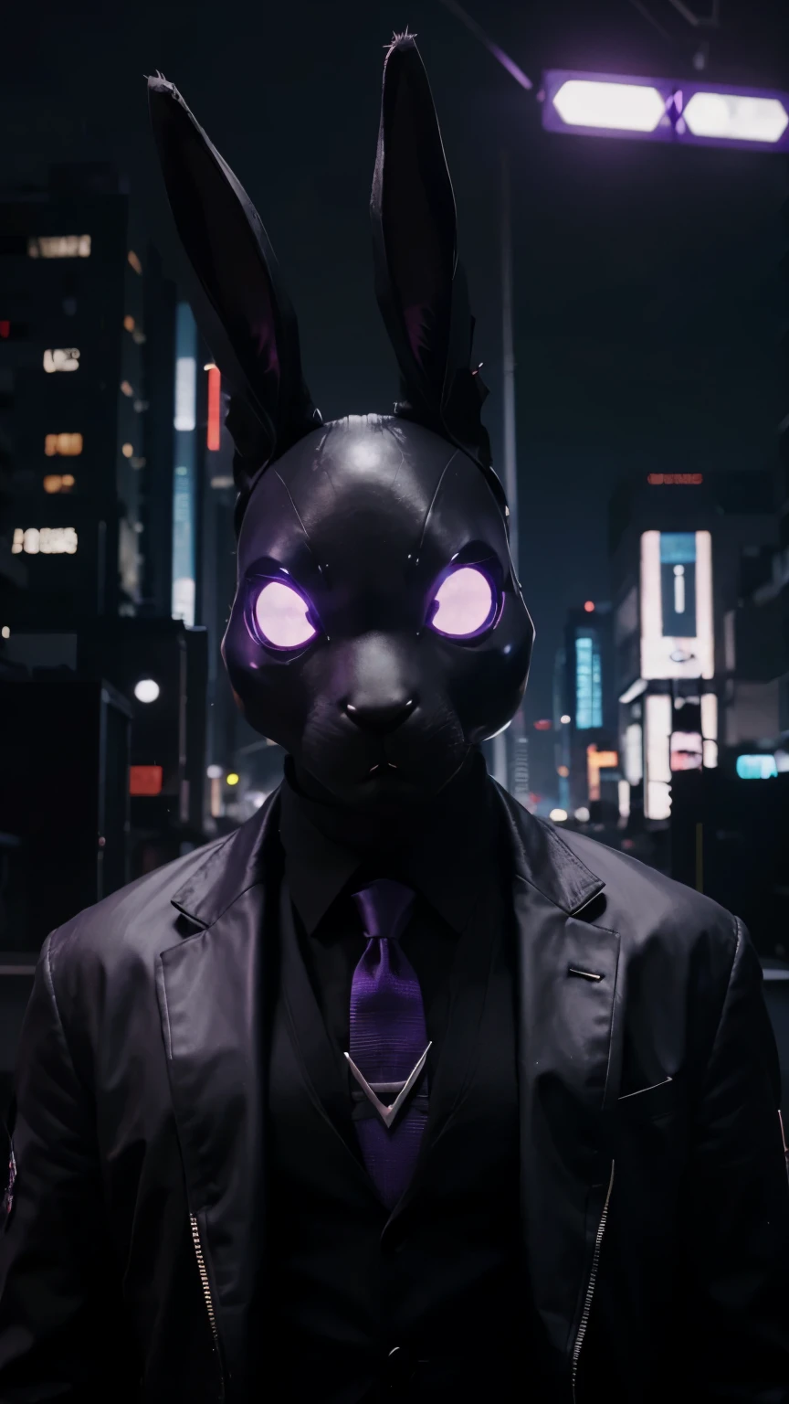 a 3d rabbit, futuristic cyberpunk style, with an evil face, robotic right eye, the right ear folded forward and a small forelock, one of the eyes was gouged out, dressed in a black suit, with a city night background with lighting in dark purple tones