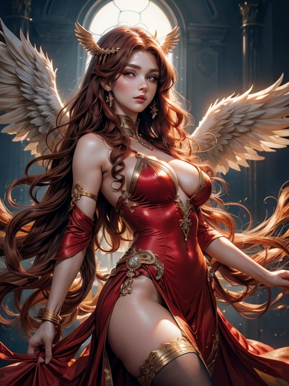 (best quality,8k:1.2,high resolution:1.2),ultra-detalhado,Realistic,vintage godess female,long red curly hair,rosto extremamente detalhados,long eyelashes,big angel wings,soft dark red dress with gold details,cleavage,suntan pantyhose,metalic accessories,Physically-based rendering,sharp focus,white neutral background