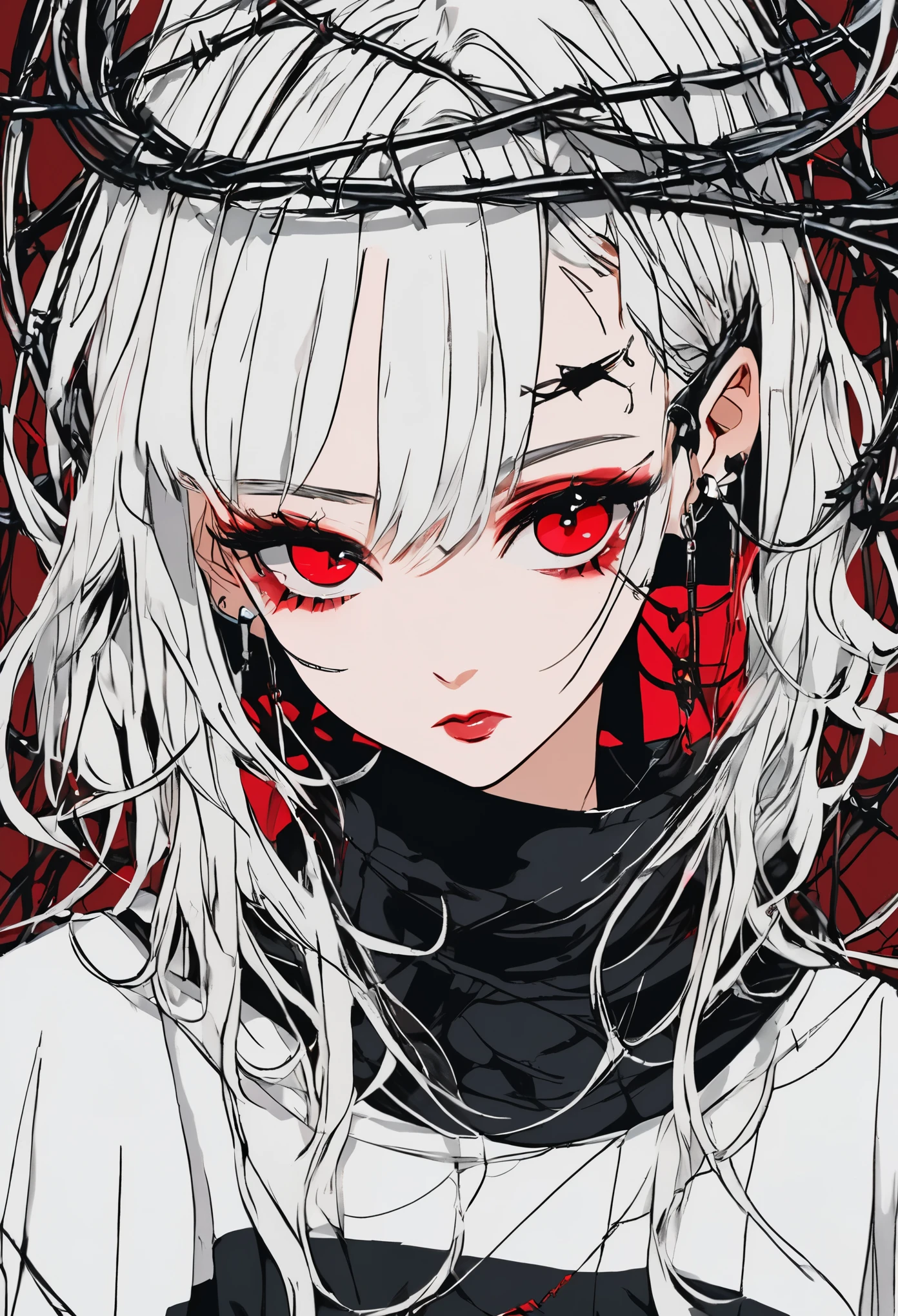 Beautiful young white-haired girl with piercing red eyes, half smile with full lips, black nails, barbed wires everywhere(coiled black barbed wires)