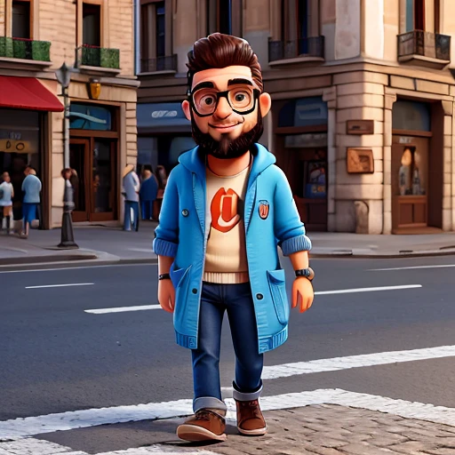 Ragazzo 40 anni, con barba poco colta, occhiali neri, vestito con jeans e felpa nera. Bello ma con un po di pancia. I walk on a city avenue 