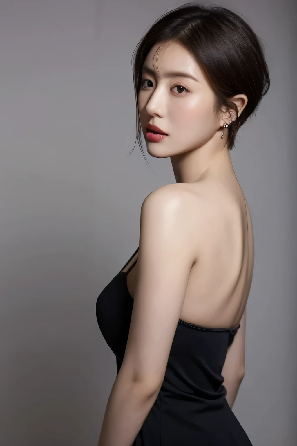 (highest quality,8K,masterpiece),studio photography,gray background,Low - Angle,portrait,high school girl,
Very beautiful beautiful girl,fine skin,realistic skin, lip gloss,Rouge,
very short hair,pixie cut,
Larger earrings,
big breasts,thighs,emphasize cleavage,