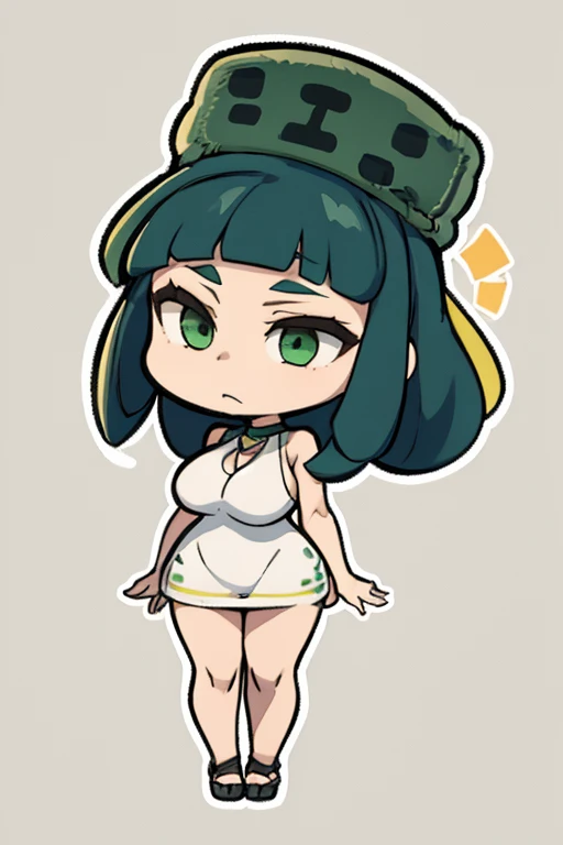 obra de arte, Melhor qualidade, chibi, fundo branco, fundo simples slim3, pele verde, Garota gosmenta, green hat, vestido verde, Wariza, olhando para o espectador, confuso, Full body big breasts standing