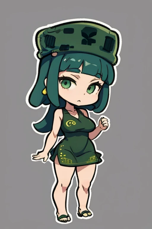 obra de arte, Melhor qualidade, chibi, fundo branco, fundo simples slim3, pele verde, Garota gosmenta, green hat, vestido verde, Wariza, olhando para o espectador, confuso, Full body big breasts standing