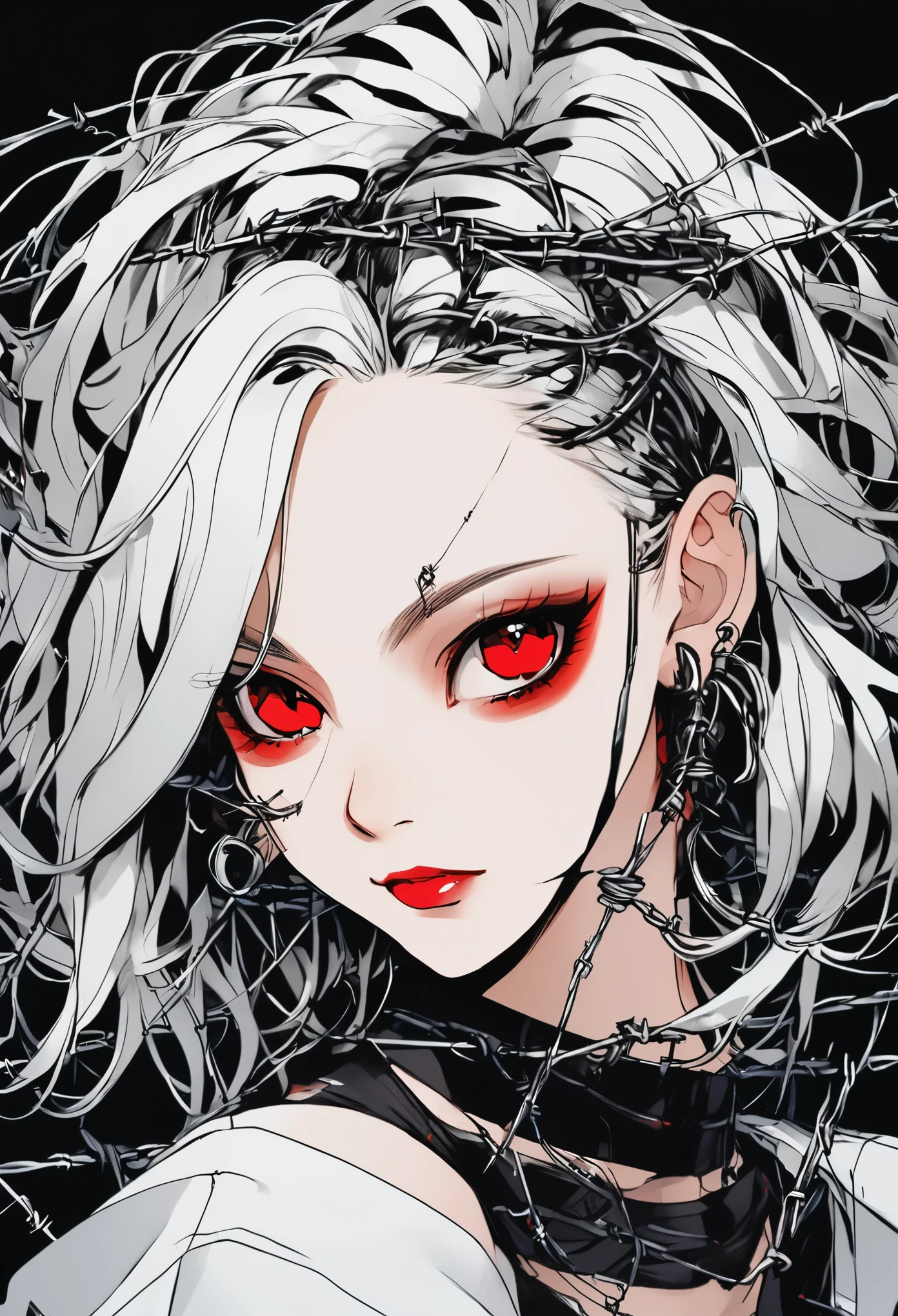 Beautiful young white-haired girl with piercing red eyes, half smile with full lips, black nails, barbed wires everywhere(coiled black barbed wires)
