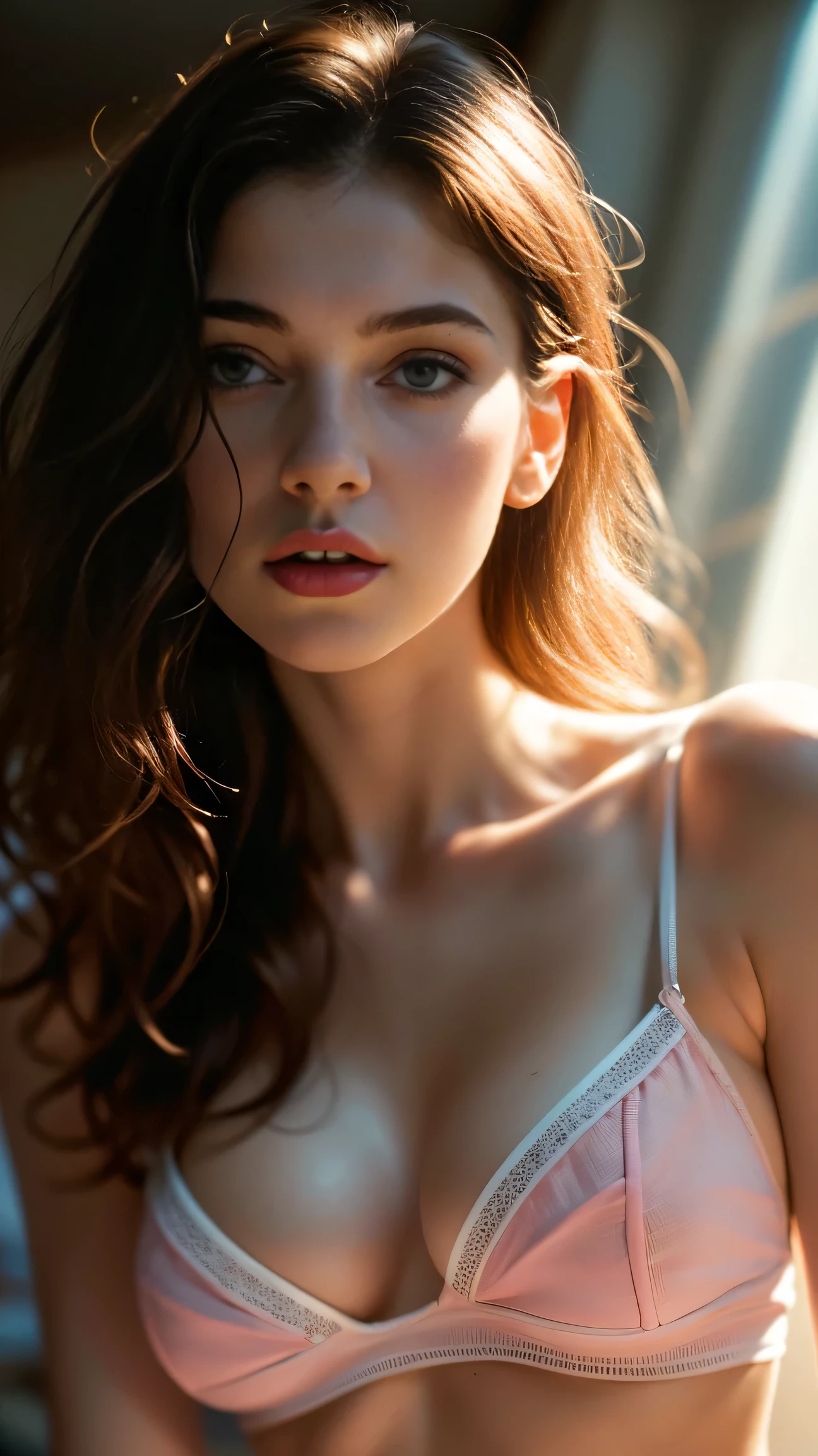 (((ultra realistic))) Photo, masterpiece, top quality, (pale skin), (Ultra detailed face and eyes:1.3), 1 girl, Adult, in a T-shirt, (Eye makeup, mascara) , ((large detailed lips)), ((ash wavy hair)), ((Chyolka)) , (Natural breasts), Slim waist. ((Posing)), photoshoot, studio (soft lighting), (The play of light and shadows), depth of field, bokeh, (special attention to skin detail: 1.2), Detailed leather texture, skin pores. (Airy atmosphere of the frame. Color range - delicate, Bright, white, Pink tones), UDR, ((Film grain)), ((rays)), ((glare of the sun)), ((waist up portrait, close to the camera)) , ultra detialed,