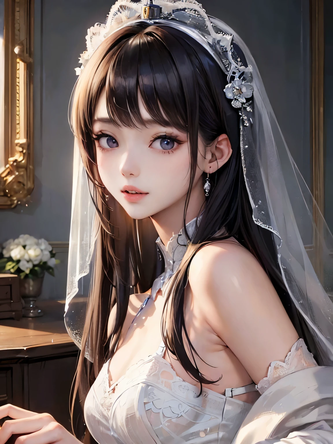 ((highest quality、Masseter muscle part:1.3))、超A high resolution、(best illustrations)、1 female、beautiful girl:1.3、3/5 shots、black haired、glowing skin、light smile、close your mouth、big breasts、Off-shoulder see-through white long dress、highly detailed face、detailed eye、detailed hands、looking at the viewer、in house、Luxurious rooms of the imperial court、highly detailed faceと肌の質感、focus on face、detailed eye、detailed hands depiction、hair tied up、up