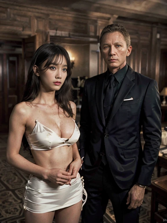 original photo,depth of field,(Real movie stills:1.3),(best quality, high resolution, on the table:1.2), Super detailed details, (actual、lifelike、Realism:1.3), Inspired by the 007 movie,A beautiful and handsome couple standing together in formal wear, Seductive atmosphere, Threatening atmosphere, close up, Perfect body,Deep V cleavage,性感的long legs,long legs,Highly detailed facial details, 007danielcraig,007danielcraig and women,real background,real photography,(sharp focus:1.2), Very detailed, (lifelike:1.4), (The original image, 8K high resolution:1.2), RAW candid movies, 16 mm, Color graded Portra 400 film, Surreal, subsurface scattering, Ray tracing, (Volumetric lighting),