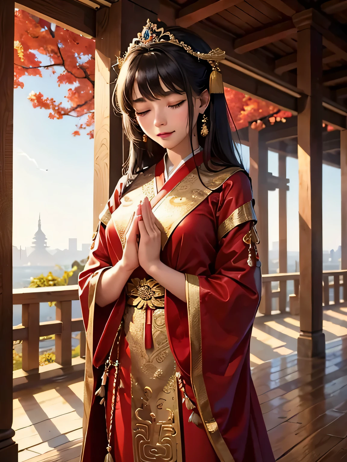 top quality，masterpiece：1.2，detailed details，The young and beautiful goddess gently closed her eyes，smile softly. She clasped her hands in prayer and meditation. She was wearing a red Hanfu dress， You are standing at the temple gate，In a fantastic atmosphere，Feeling as if I am one with the world. HD, 8K