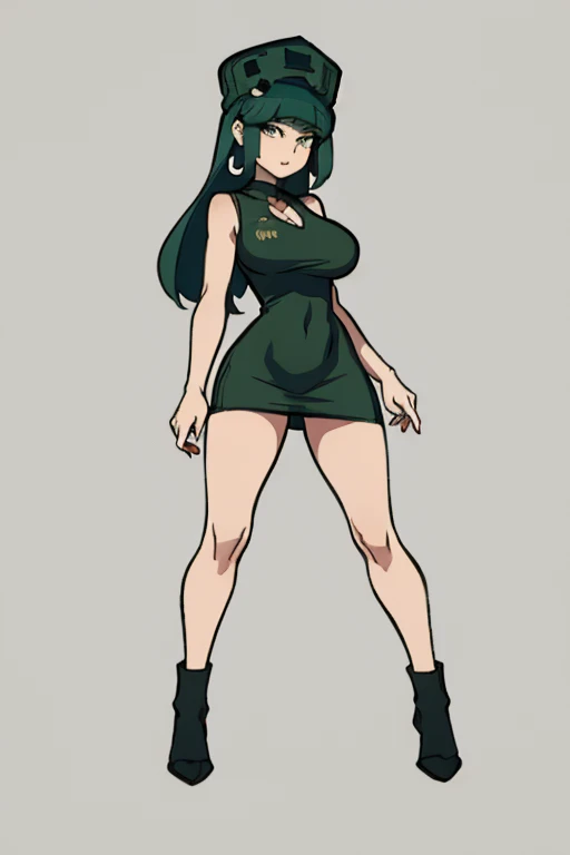 obra de arte, Melhor qualidade, uma mulher de 18 anos , fundo branco, fundo simples slim3, pele verde, Garota gosmenta, green hat, vestido verde, Wariza, olhando para o espectador, confuso, Full body big breasts standing