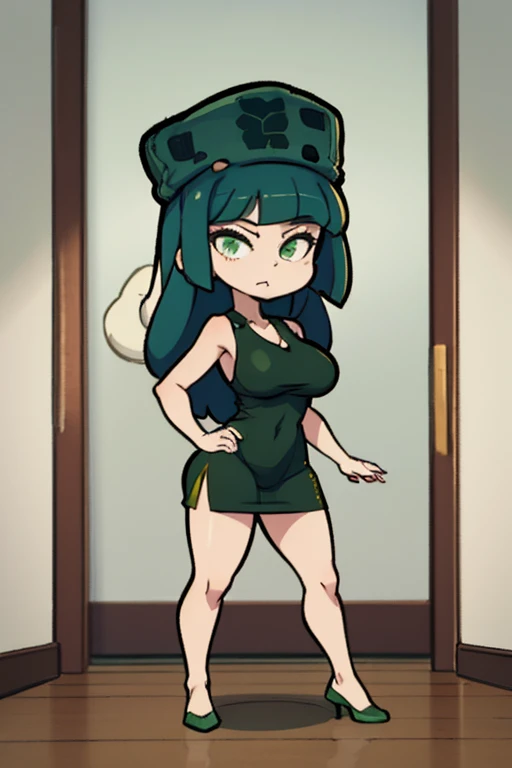 obra de arte, Melhor qualidade, uma mulher de 18 anos , fundo branco, fundo simples slim3, pele verde, Garota gosmenta, green hat, vestido verde, Wariza, olhando para o espectador, confuso, Full body big breasts standing