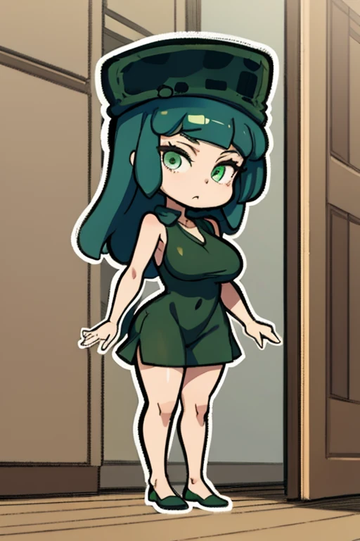 obra de arte, Melhor qualidade, uma mulher de 18 anos , fundo branco, fundo simples slim3, pele verde, Garota gosmenta, green hat, vestido verde, Wariza, olhando para o espectador, confuso, Full body big breasts standing