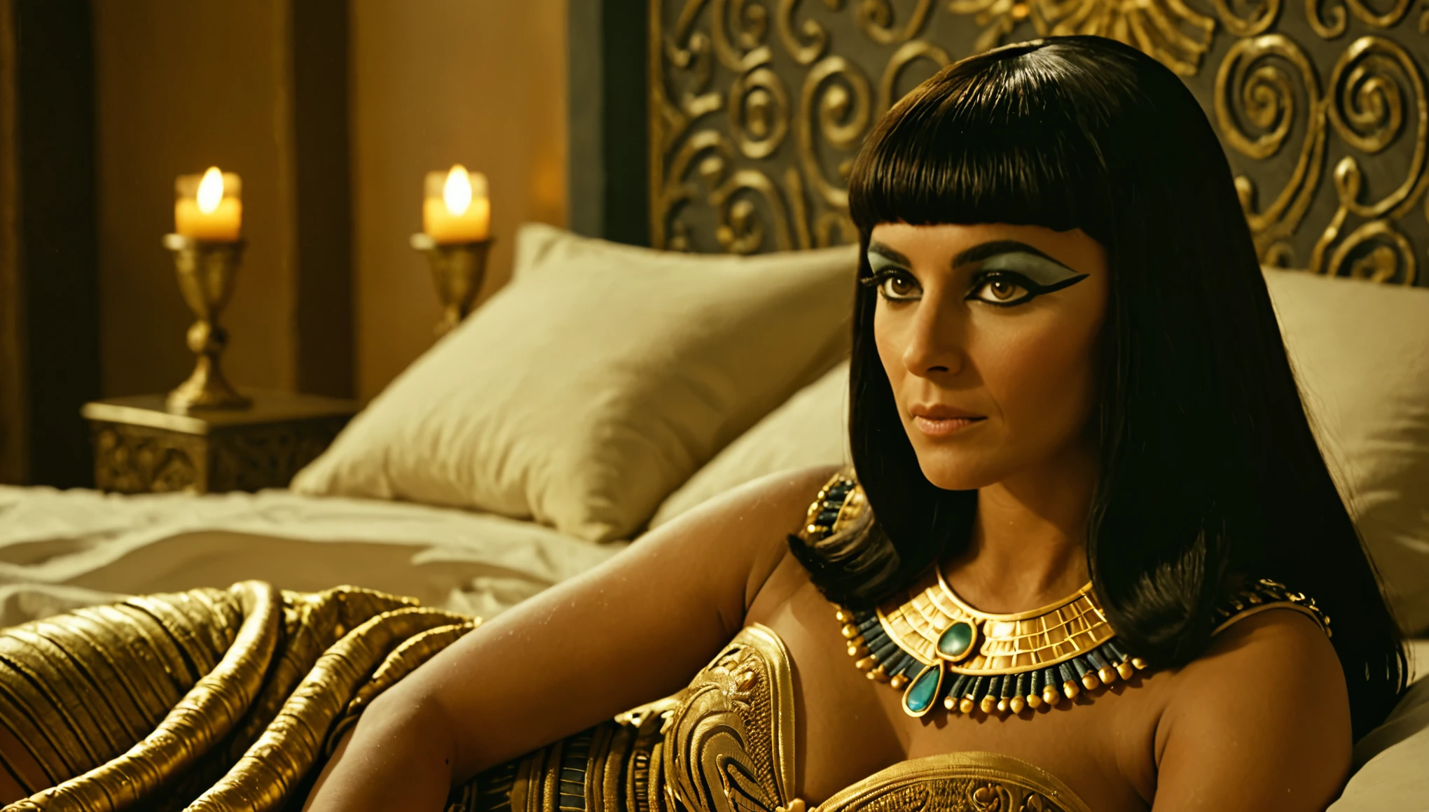 motion picture still close-up photo of a Cleopatra-like woman, wearing a highly detailed, fierce and demanding Cleopatra outfit, on a bed, Egypt, looking at the viewer. shallow depth of field, vignette, highly detailed, high budget, bokeh, cinemascope, moody, epic, gorgeous, film grain, grainy, lay in your bed