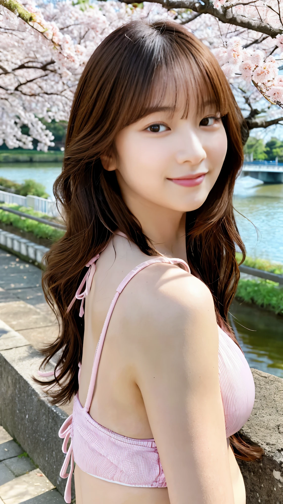 japanese woman,
20th generation,
BREAK,
((brown hair,long hair)),
BREAK,
(pink bikini:1.5)
BREAK,
front,looking at the viewer,whole body,  
The background is a cherry blossom-lined road along the river.,
BREAK,
(8K,Raw photo,highest quality,masterpiece,realistic,Photoreal:1.2), 
