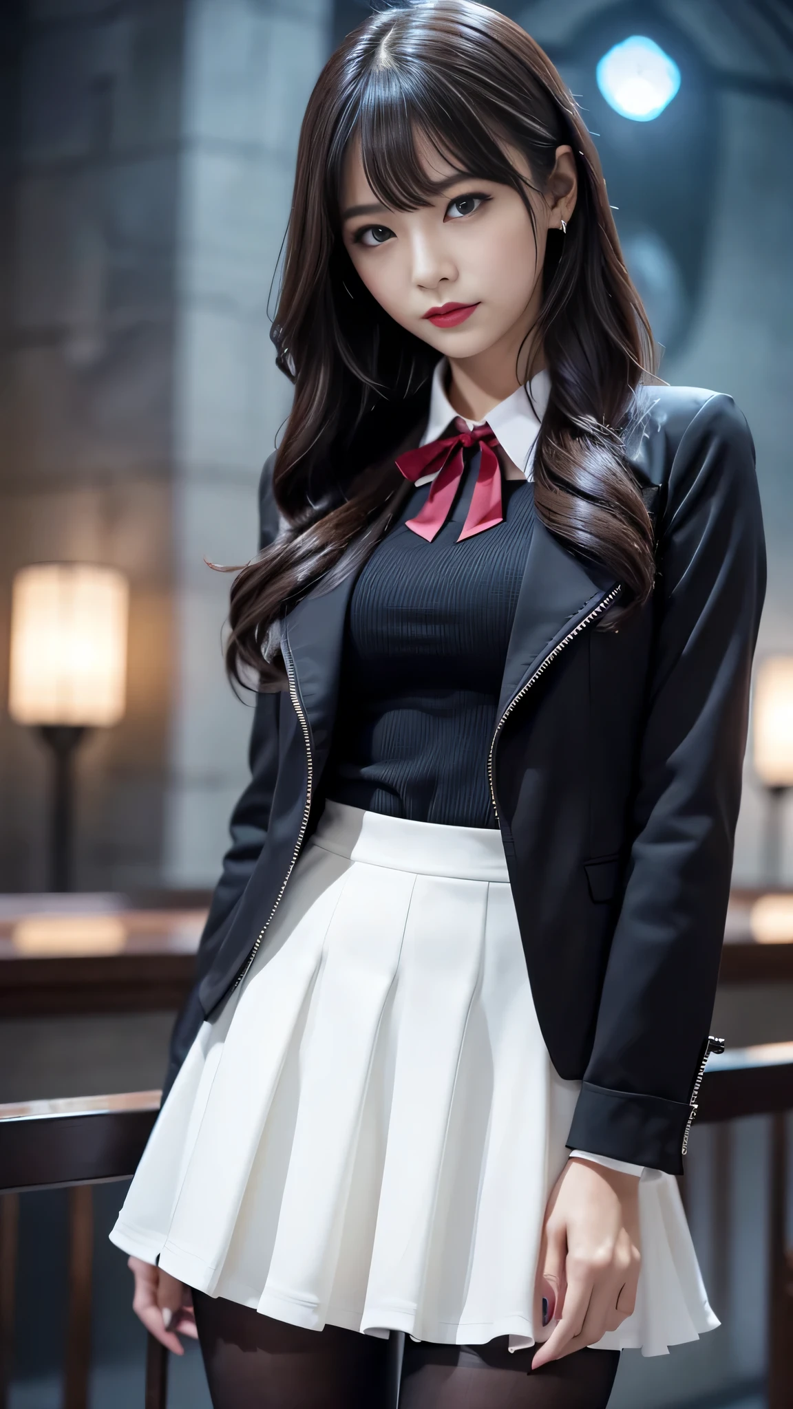 tra-detailed、2girls、Japanese、attractive beauty、seductive adult woman、pretty woman、piercing eyes、cool girl、wavy hair、swept bangs、suit、Jacket、blouse、ribbon、Tight Skirt、pantyhose、beautiful feet、Evil cadres、evil depravity、brainwash、mind control、lipstick、lip gloss、dark makeup、smirk、Whisper in my ear、Evil expression、evil、hollow eyes,half-closed eyes、empty eyes、evil、church at night、vampire、succubus、vampire、Swear allegiance、stand