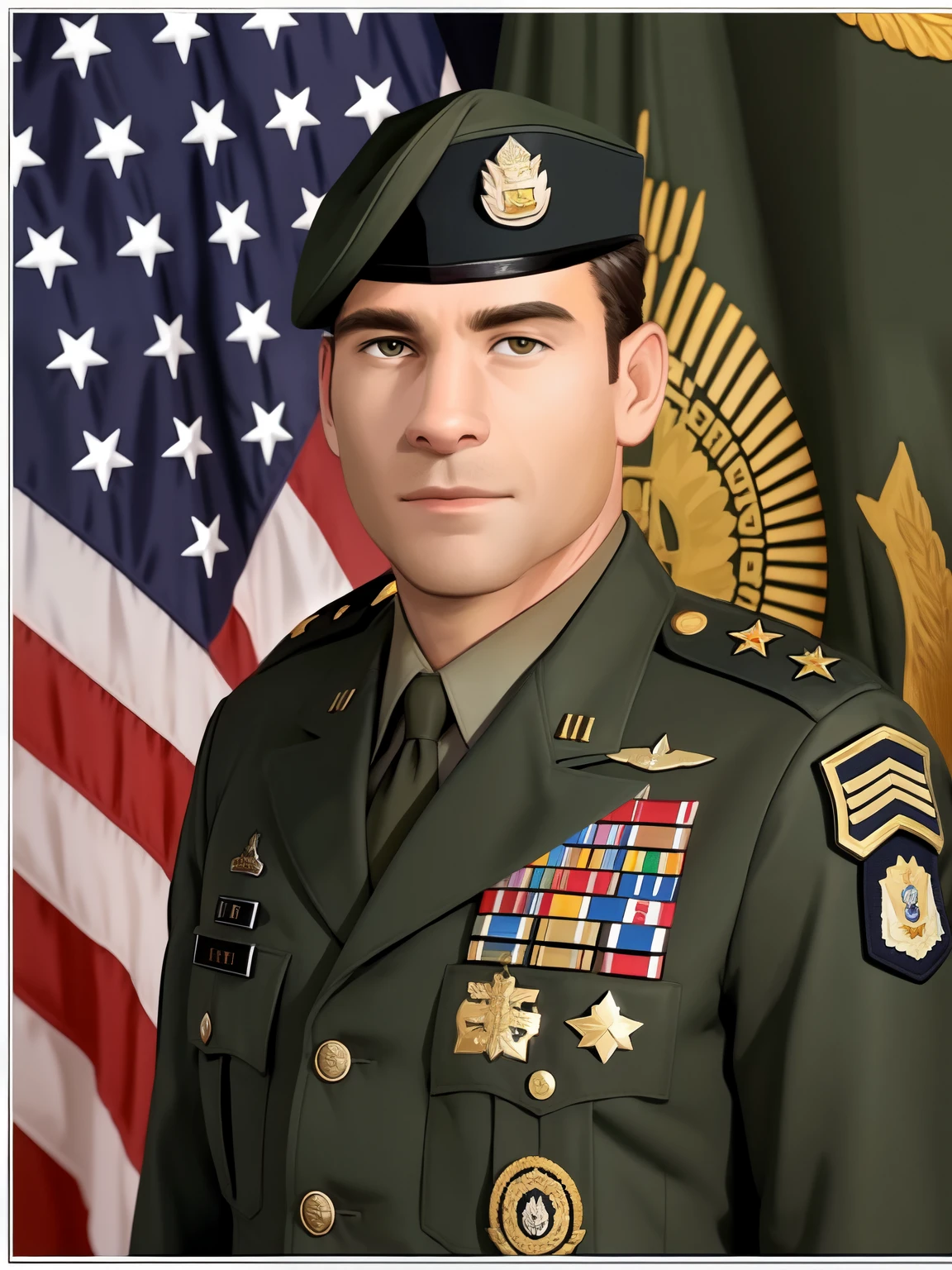 arafed man in uniform standing in front of a flag, wearing military uniform, wearing a military uniform, wearing a general\'s uniform, in military uniform, in a soldier uniform, col price, official photo, in full military garb, closeup portrait shot, sergeant, mark schultz, antony starr, general greivous, general uniform, glenn barr