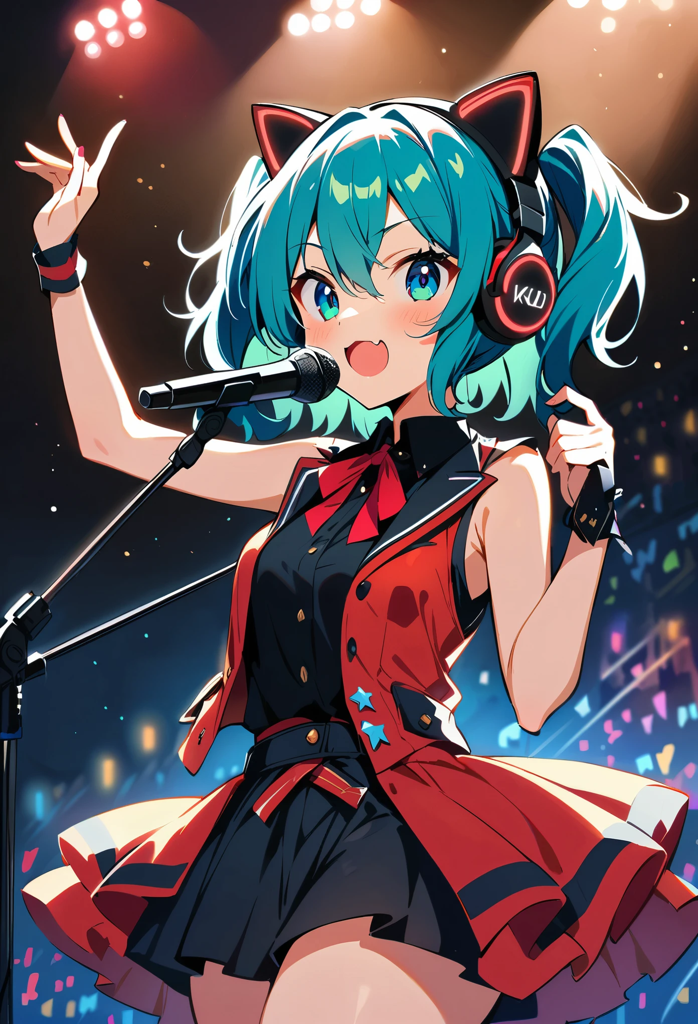 Cartoon, (best quality:1.2),1girl,idol,solo,miku, stage, microphone, cat-ear headphones, under the spotlight