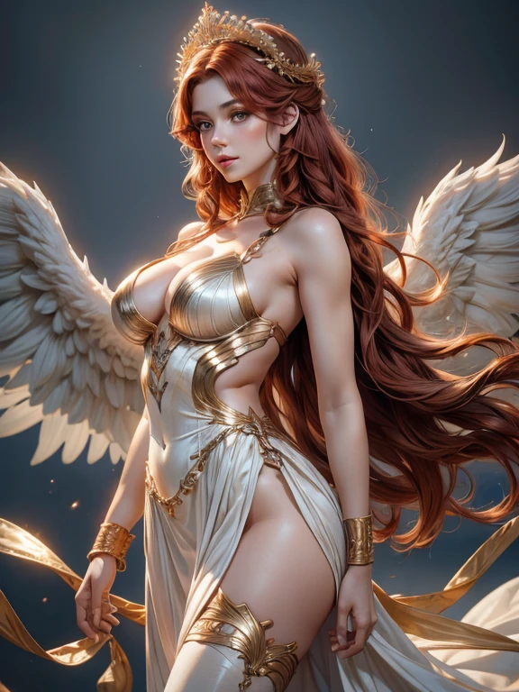 (best quality,8k:1.2,high resolution:1.2),ultra-detalhado,Realistic,vintage godess female,long red curly hair,rosto extremamente detalhados,long eyelashes,big angel wings,soft light white dress with gold details,cleavage,suntan pantyhose,metalic accessories,Physically-based rendering,sharp focus,white neutral background