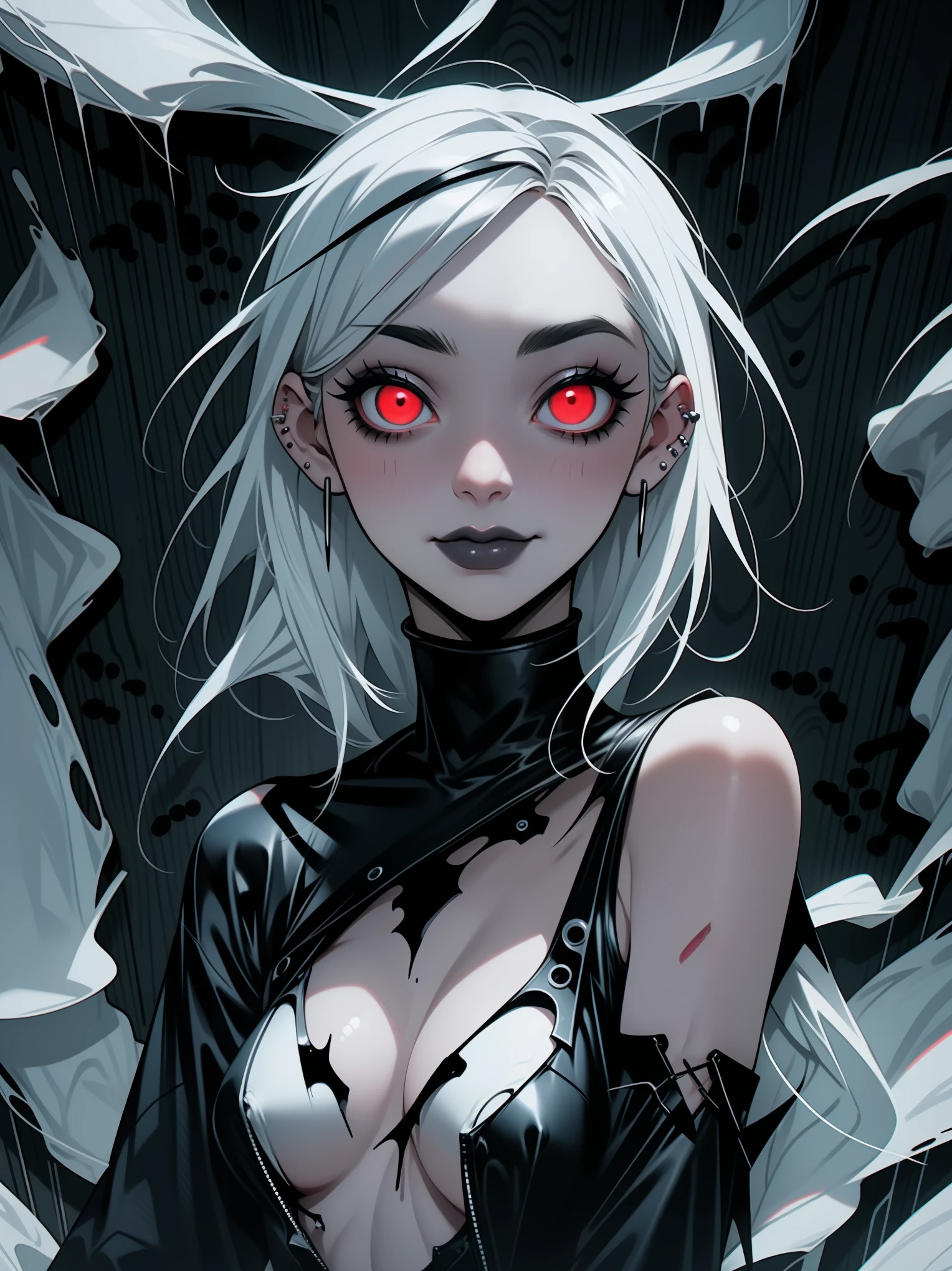 Beautiful young white-haired girl with piercing red eyes, half smile with full lips, black nails, barbed wires everywhere(coiled black barbed wires)