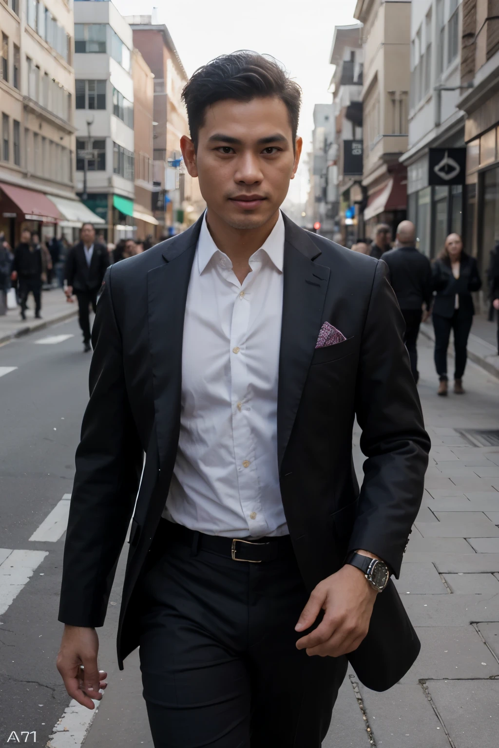 ((best quality)), ((masterpiece)), (detailed), perfect face indonesian man wearing a red suit and tie, black pants. wearing richard mille watch on the left hand, and holding cigar on the other hand, exhaling smokes, smirking. bald, round but perfect face composition, athletic body. walking besides red ferarri, facing front to the camera. in the lively street scenes, photo ultra realistic, ultra high quality model, intricate detail artwork masterpiece, golden ratio, trending on cgsociety,
canon 1dx , epic, trending on artstation, 32k, hdr