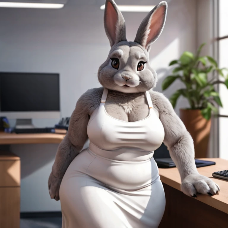 A gray chubby rabbit, wearing a white tube dress, office background, highest detail, anthro, furry art, high realistic shadows, 4k, high realistic lighting