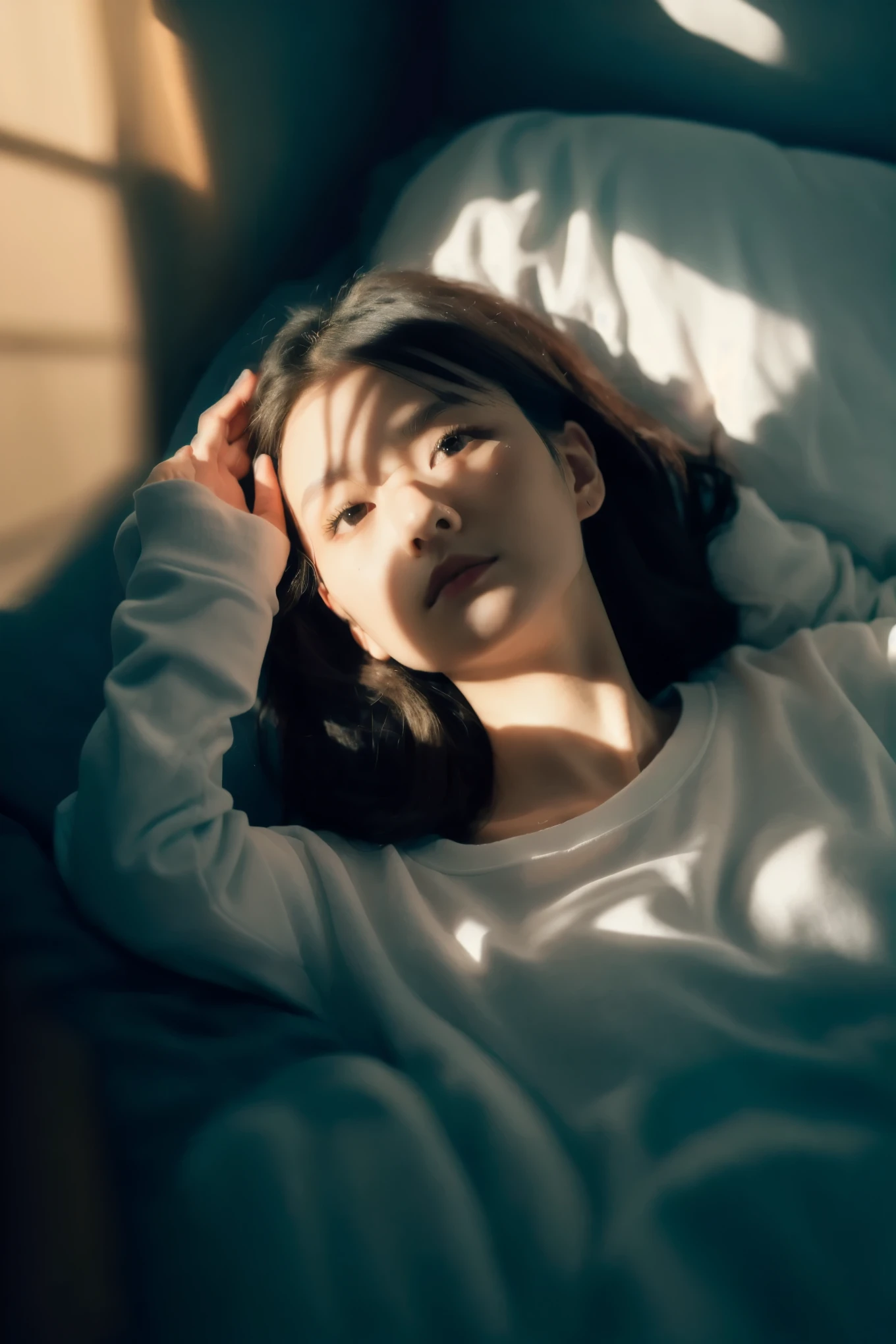 (masterpiece:1.3),(8k, photorealistic, RAW photo, best quality:1.4),(japanese:1.1),1girl,beautiful face,(realistic face),beautiful hairstyle,Extremely short bob with bangs,realistic eyes,beautiful detailed eyes,(realistic skin),beautiful skin,attractive,ultra high res,ultra realistic,highly detailed,(slim:1.4),(slender:1.4),(full_shot:1.5),
BREAK
wearing a sweatshirt,minimalistic,simple room,lying on the huge sofa,
BREAK
(film grain:1.2),(analog film:1.1),(soft lighting:1.5),(cinematic shadow and highlight:1.4),(simple background:1.6),(interplay of light and shadow:1.2),(artistic composition:1.6),
