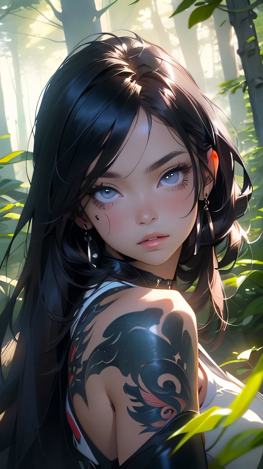 (best quality,4k,highres,masterpiece:1.2),ultra-detailed,realistic,beautiful woman,2girls,detailed eyes,long eyelashes,beautiful lips,anime style,lush forest background,shadowy atmosphere,tattoos:black wispy tattoos,entire body,snaking tattoos,expansive forest,dark shadows,anime-like drawing style,vivid colors,professional,studio lighting