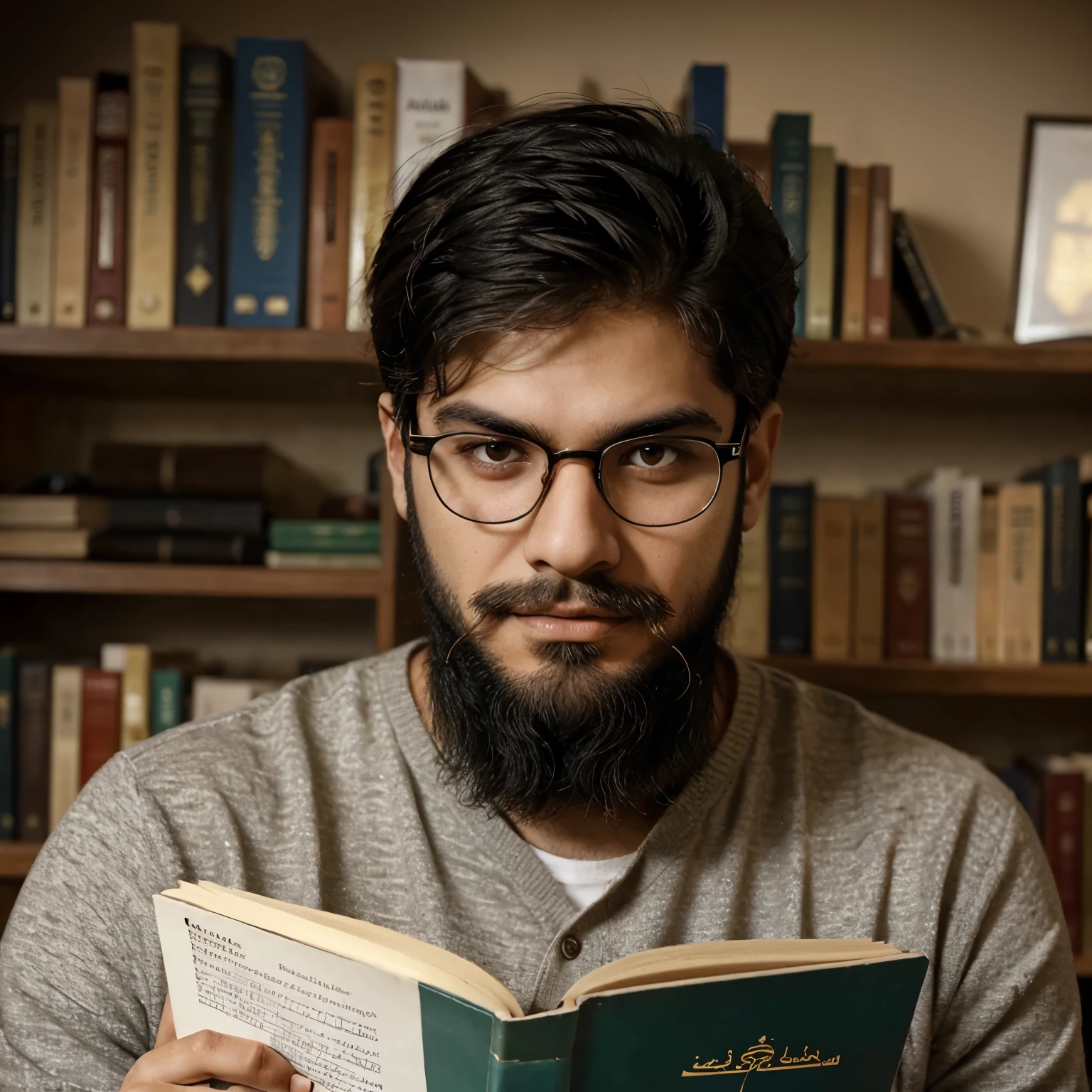 A 23 years old persian man, whos is tall and thin. He has beard and mustache and glasses. He loves reading book and he's also interested in history, politics and iternational relations.