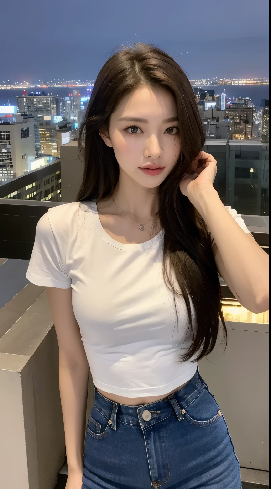 ((midnight, highest quality, 8K, masterpiece :1.3)), whole body, long legs, sharp focus :1.2, beautiful woman with perfect figure :1.4, thin abs :1.1, ((dark brown hair :1.2)), (white tight t-shirt, bib jeans, Are standing:1.2), ((night city view, rooftop:1.3)), Highly detailed face and skin texture, fine eyes, double eyelid
