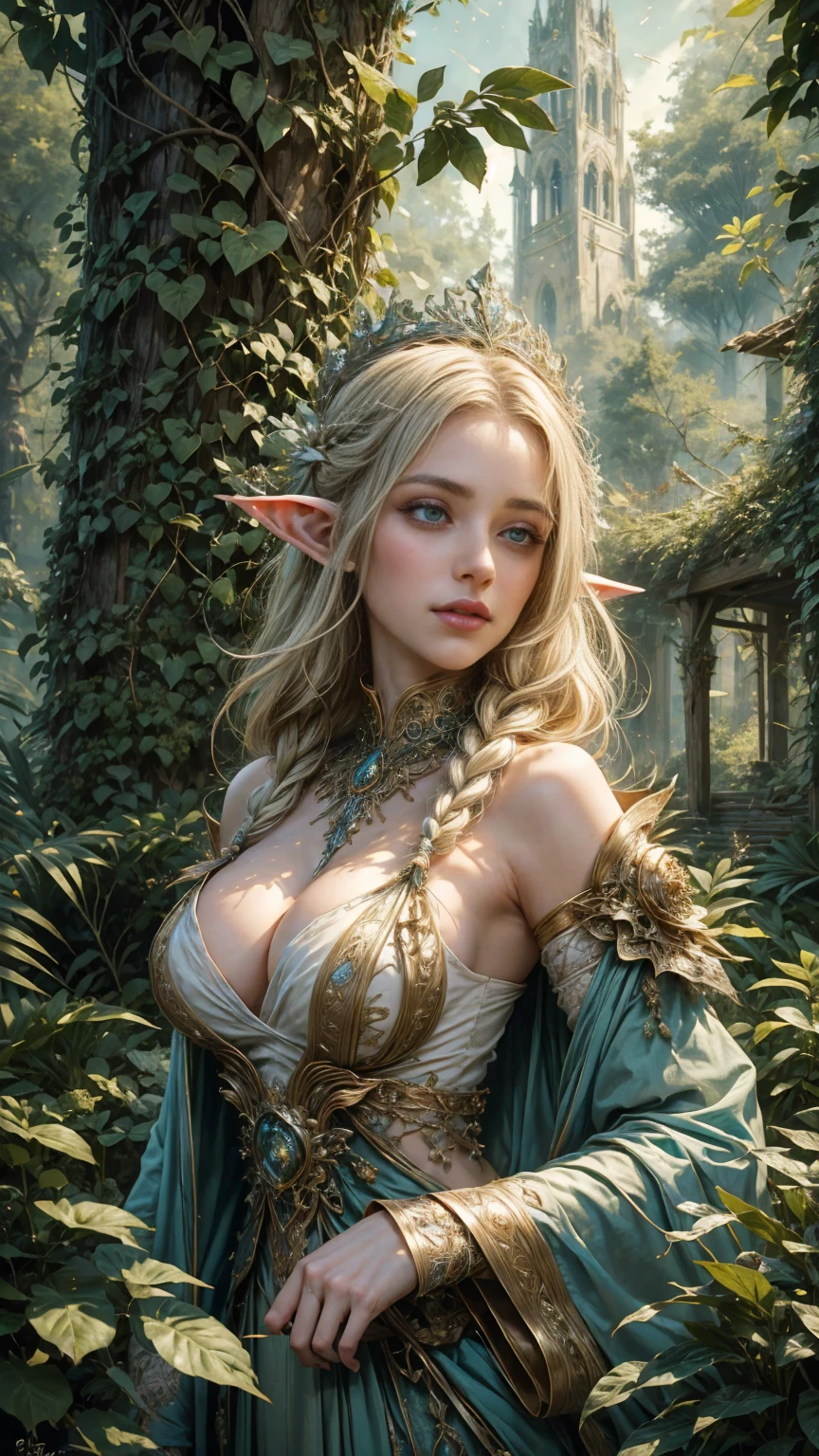 In the heart of the Elfpunk universe a young elf woman with very long white braided hair, bioplants crown elfic outfit with long neckline in an elfic Elfpunk city, creates a magical atmosphere, beautiful Elfpunk buildings adorn every corner of the forest. The angle of the scene is dynamic, capturing the intensity of the moment, fine quality eyes, eyes looking at the camera, ultra detailed, Beautiful and aesthetically pleasing, masterpiece, Best quality score, (fractal art: 1.3), Extremely detailed , dynamic angle, raytraced, middle body, close up, magical particles,