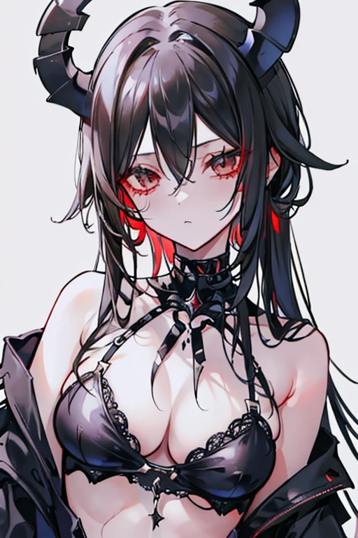Una chica de cabello negro ojos rojo ssostiene la Bloody Helice desde dentro del Elden Ring con un agarre inverso. Cuerpo completo