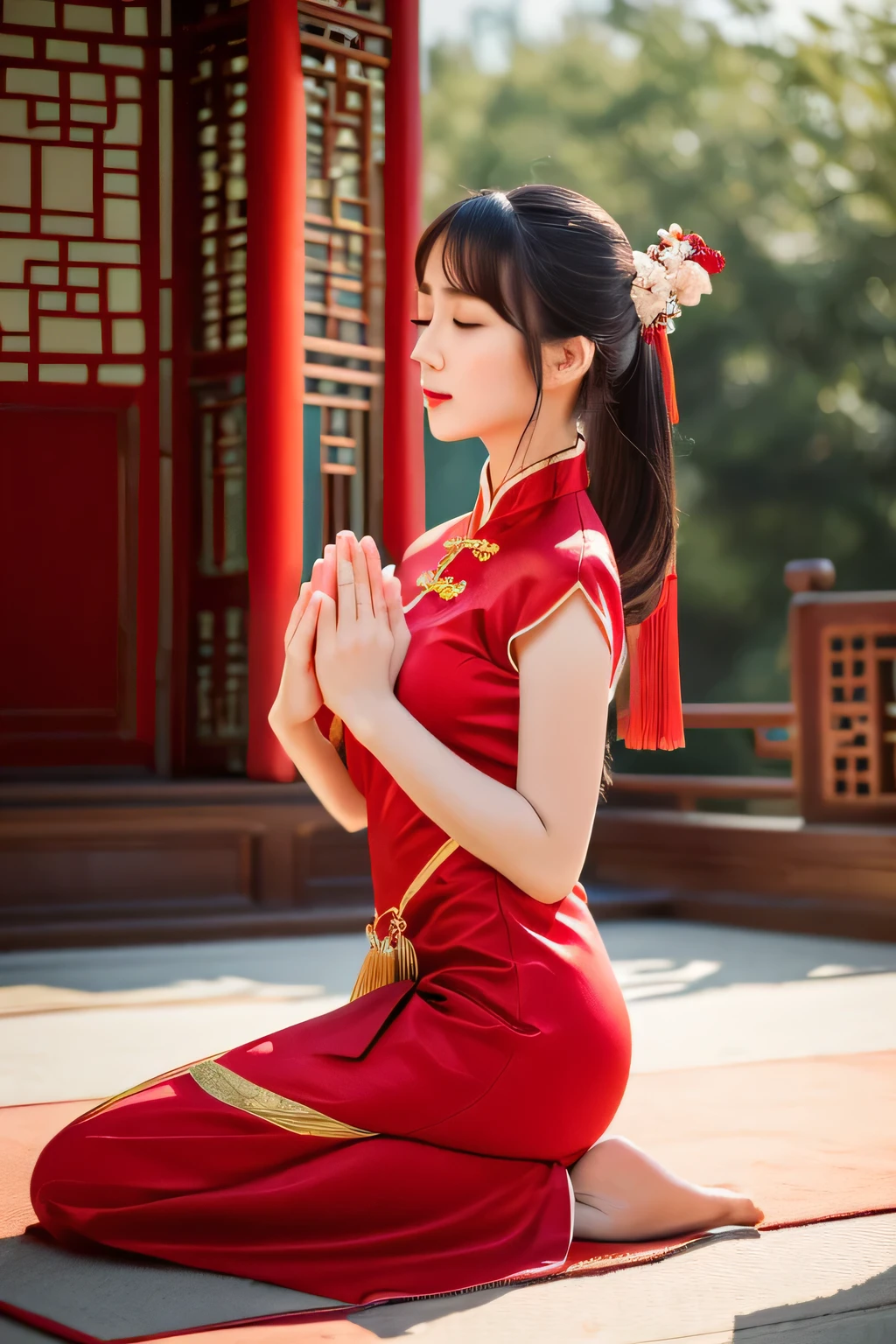 (Masterpiece、High level of image quality、high quality)、(Beautiful realistic Chinese woman:1.5、Beauty:1.4)、temple、January、Woman folds her hands in prayer、perfect anatomy、beautiful limbs、Wear red Hanfu dress、23 years old、White Breath、(beautiful limbs)、Holy、