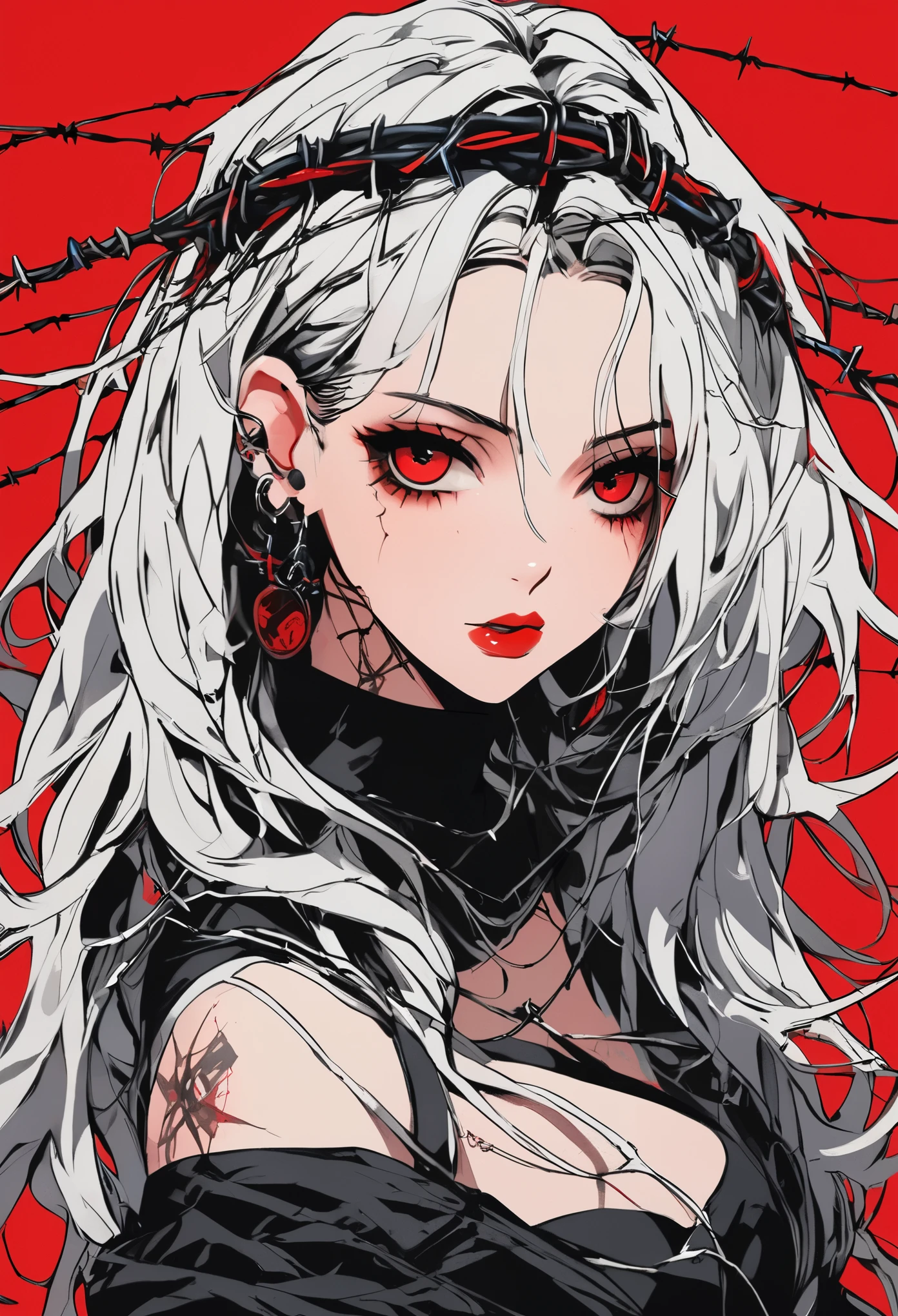 Beautiful young white-haired girl with piercing red eyes, half smile with full lips, black nails, barbed wires everywhere(coiled black barbed wires)