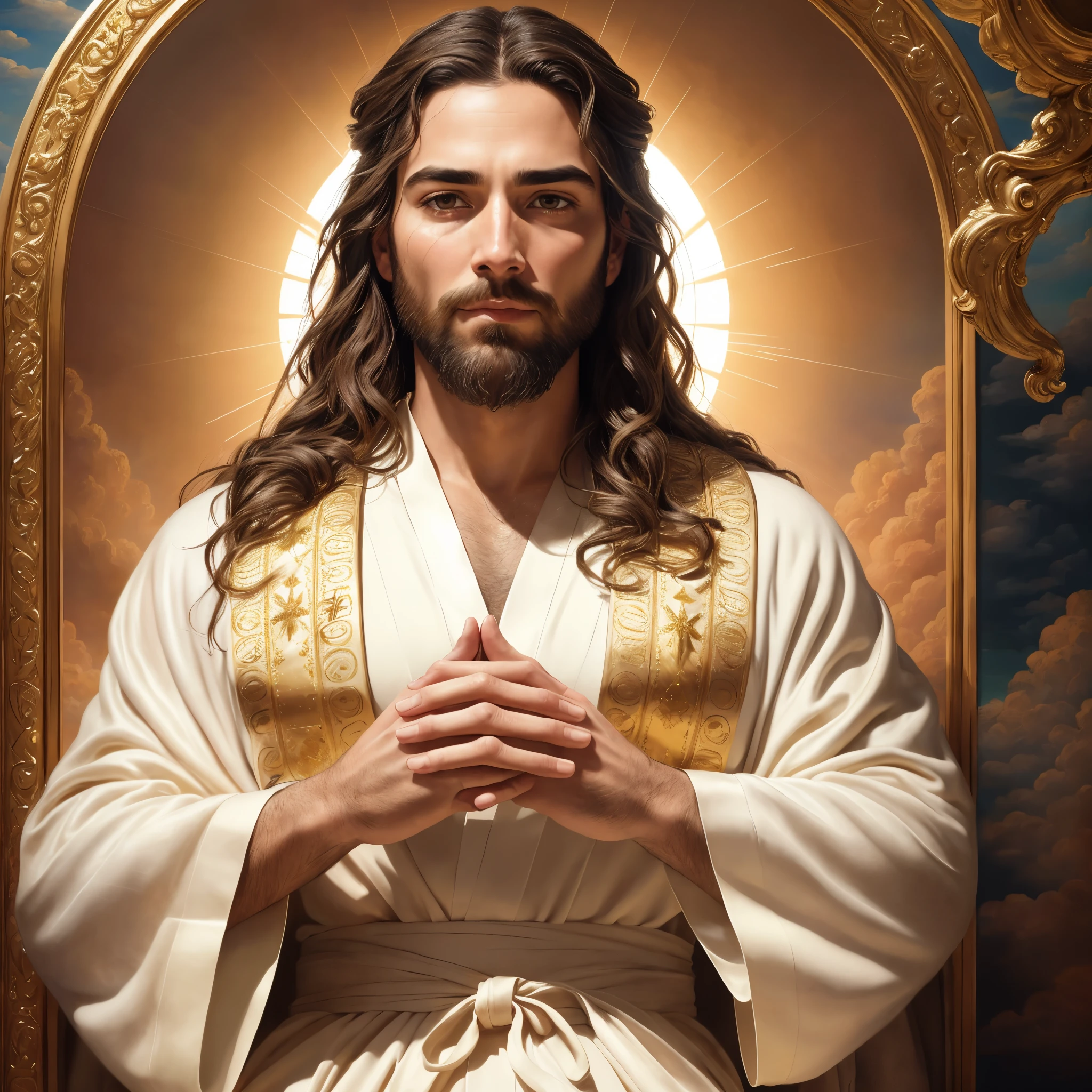Photo of a depicting Jesus, raw, Serene figure, ((Portrait)), ((Detailed face:1.2)), ((detailed facial features, nose, beard, brows, and eyes), divine complexion), robe, ((Biblical robes:1.3)), ((Halo around head:1.2)), background, ((Heavenly background:1.37)), ((intricately painted clouds:1.25)), hands, ((Perfect human hands:1.1)), ((touching cheeks or in prayer position:1.3)), standing, ((Calm, peaceful posture:1.2)), ((Realistic, Super realistic, Realism, realistic detail)), masterpiece, ((
