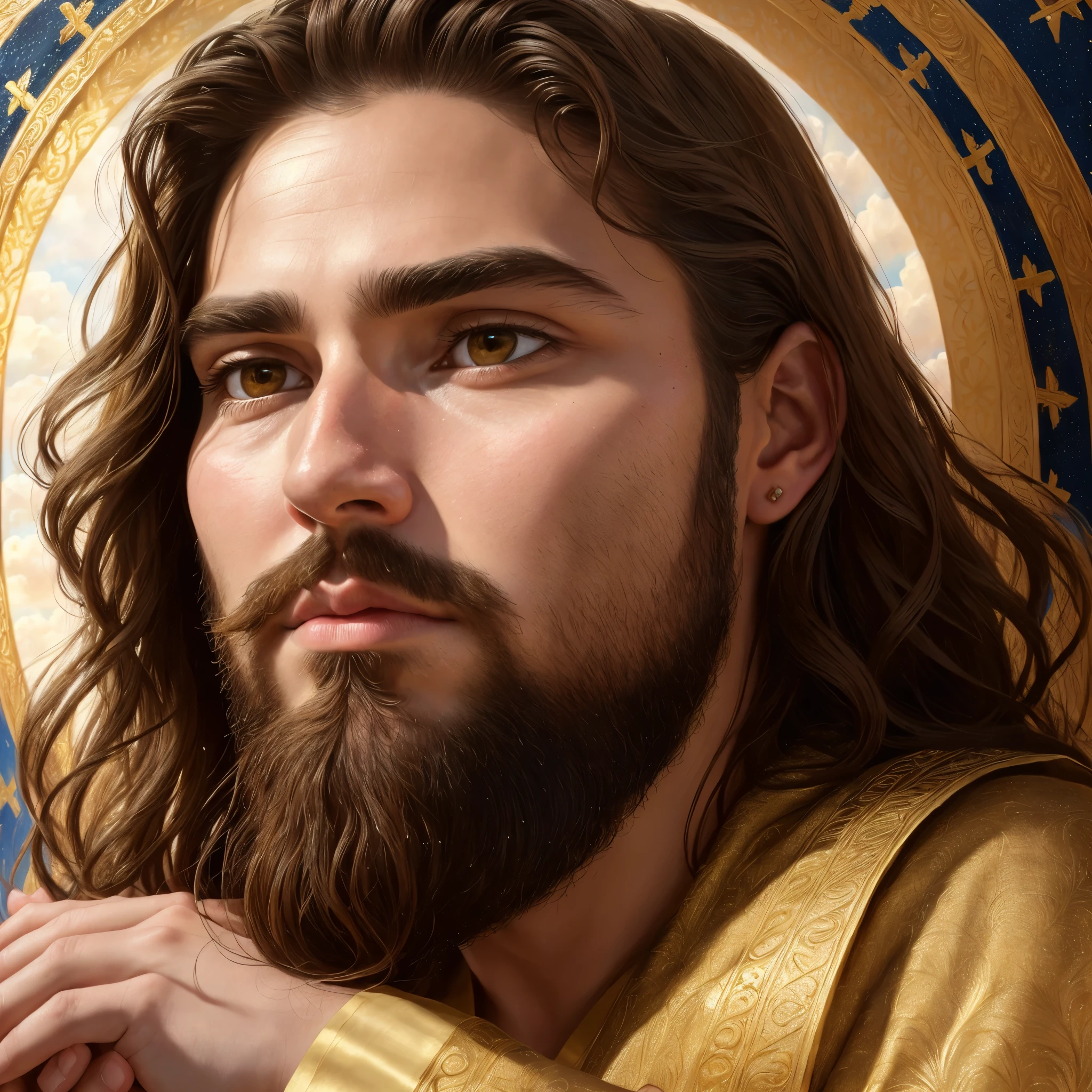 Photo of a depicting Jesus, raw, Serene figure, ((Portrait)), ((Detailed face:1.2)), ((detailed facial features, nose, beard, brows, and eyes), divine complexion), robe, ((Biblical robes:1.3)), ((Halo around head:1.2)), background, ((Heavenly background:1.37)), ((intricately painted clouds:1.25)), hands, ((Perfect human hands:1.1)), ((touching cheeks or in prayer position:1.3)), standing, ((Calm, peaceful posture:1.2)), ((Realistic, Super realistic, Realism, realistic detail)), masterpiece, ((
