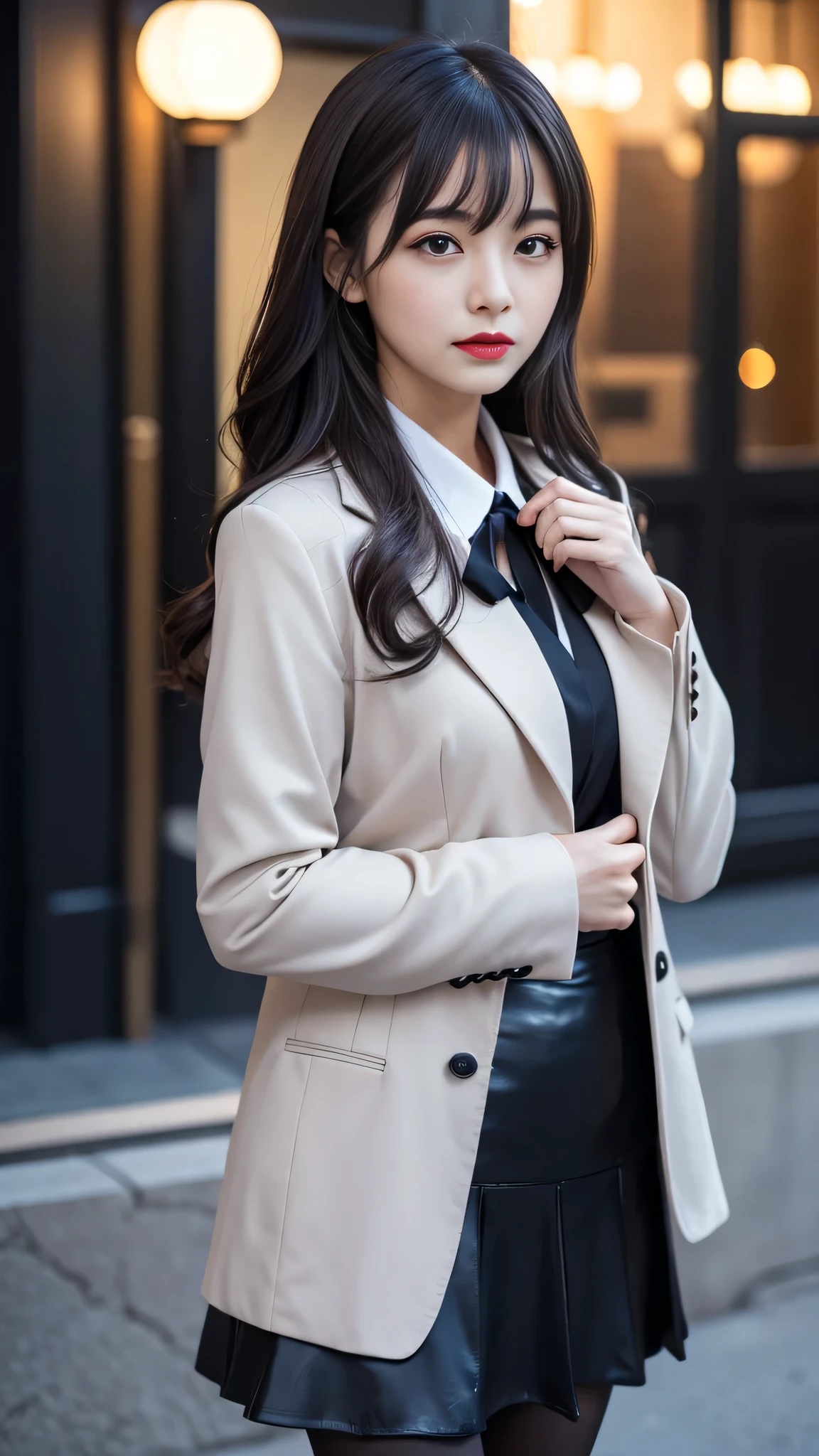 tra-detailed、2girls、Japanese、attractive beauty、seductive adult woman、pretty woman、piercing eyes、cool girl、wavy hair、swept bangs、suit、Jacket、blouse、ribbon、Tight Skirt、pantyhose、beautiful feet、Evil cadres、evil depravity、brainwash、mind control、lipstick、lip gloss、dark makeup、smirk、Whisper in my ear、Evil expression、evil、hollow eyes,half-closed eyes、empty eyes、evil、church at night、vampire、succubus、vampire、Swear allegiance、stand