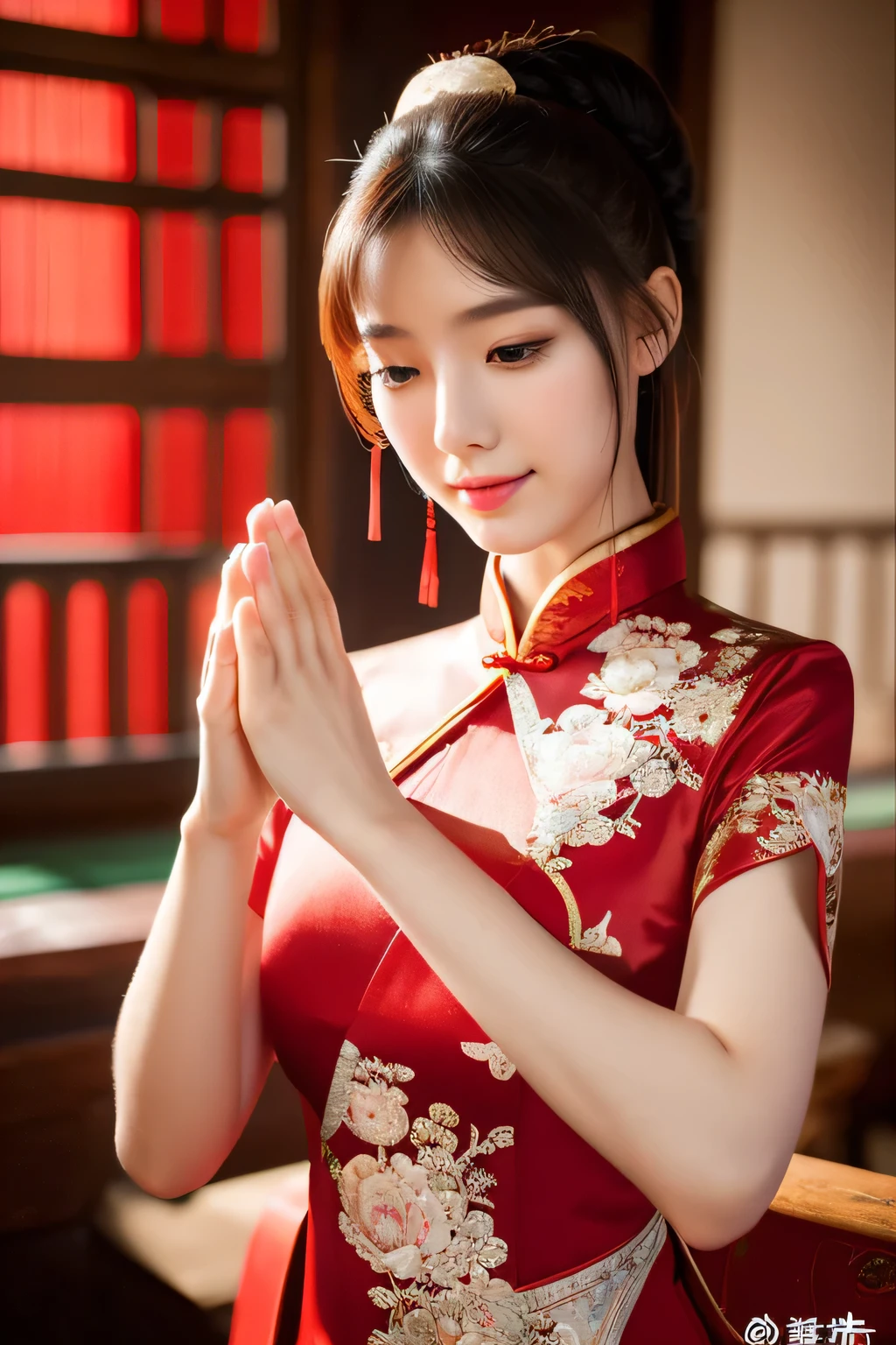(​Masterpiece、High level of image quality、high quality)、(Beautiful realistic Chinese woman:1.5、Beauty:1.4)、temple、January、Woman folds her hands in prayer、perfect anatomy、beautiful limbs、Wear red Hanfu dress、23 years old、White Breath、(beautiful limbs)、Holy、