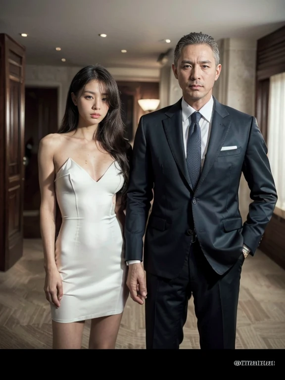 original photo，depth of field，(Real movie stills:1.3)，(best quality, high resolution:1.2), Super detailed details, (actual、lifelike、Realism:1.3), Inspired by the 007 movie，full body portrait，A beautiful and handsome couple standing together in formal wear, Tense atmosphere, Threatening atmosphere, close up, Perfect body，性感的long legs，long legs，Highly detailed facial details,  real background，real photography，(sharp focus:1.2), Very detailed, (lifelike:1.4), (The original image, 8K high resolution:1.2), RAW candid movies, 16 mm, Color graded Portra 400 film, Surreal, subsurface scattering, Ray tracing, (Volumetric lighting)，