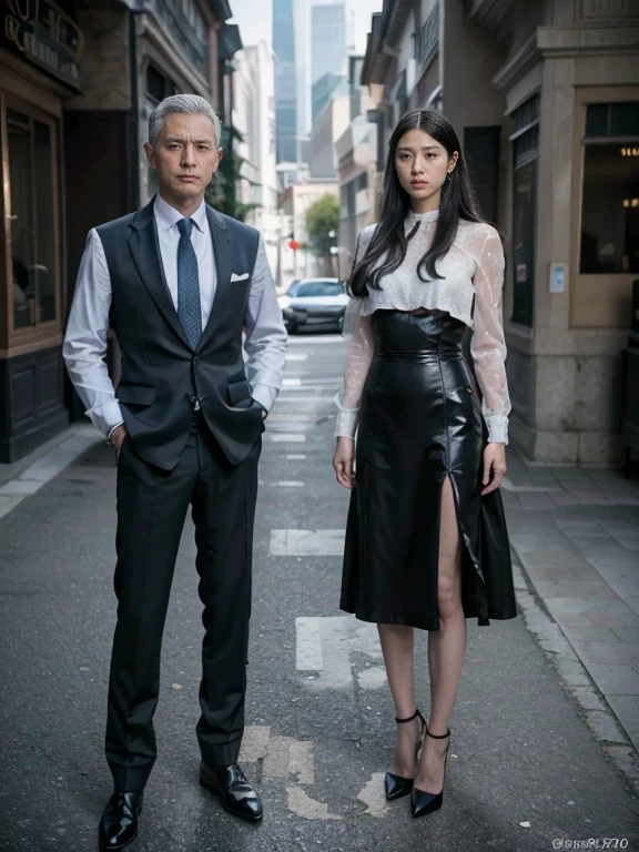 original photo,depth of field,(Real movie stills:1.3),(best quality, high resolution:1.2), Super detailed details, (actual、lifelike、Realism:1.3), Inspired by the 007 movie,full body portrait,A beautiful and handsome couple standing together in formal wear, Tense atmosphere, Threatening atmosphere, close up, Perfect body,性感的long legs,long legs,Highly detailed facial details, real background,real photography,(sharp focus:1.2), Very detailed, (lifelike:1.4), (The original image, 8K high resolution:1.2), RAW candid movies, 16 mm, Color graded Portra 400 film, Surreal, subsurface scattering, Ray tracing, (Volumetric lighting),