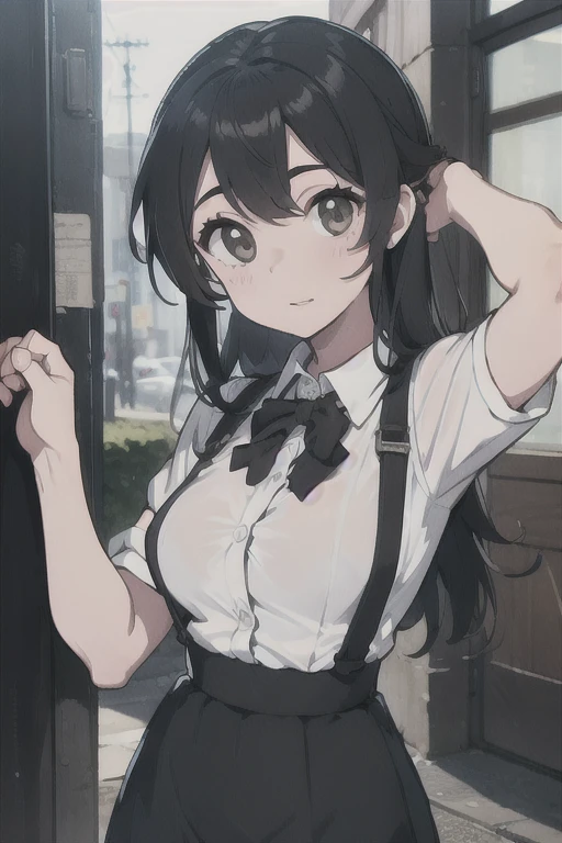 ((Melhor qualidade)), ((obra de arte)), (detalhado), rosto perfeito, cabelo curto preto, (white open button shirt), (skirt with black suspenders), hands in hair, suspenders covering the breasts.