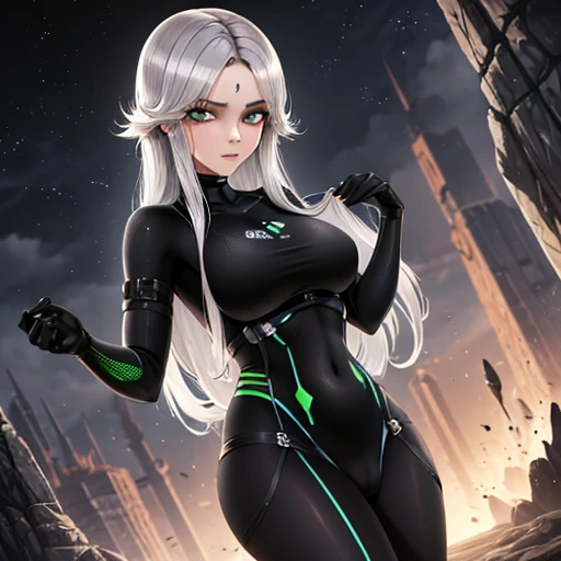 1 mulher, magrelo, seios pequenos, cabelo preto curto, olhos verdes, gray and white sci-fi bodysuit, science fiction light armor, wet full body standing 