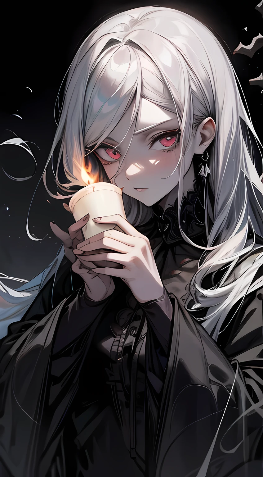 （the masterpiece，Best quality）， solo，Gray-haired woman holding a candle，anime skull portrait woman,handsome necromancer girl，Beautiful necromancer girl，Gothic Shoujo Anime Characters，handsome necromancer，Gothic fantasy art，dark fantasy art, gray-haired god,Retrato de um The Necromancer Woman，The Necromancer Woman，goddess of death，smoky, flowing white hair，Stern eyes，Pale skin