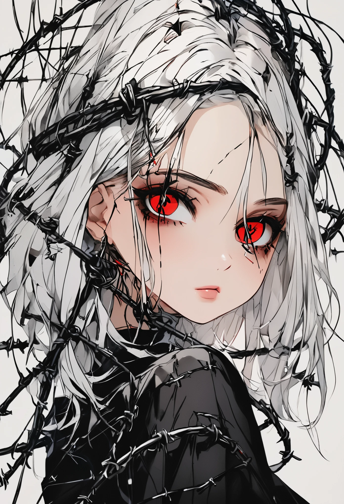 Beautiful young white-haired girl with piercing red eyes, half smile with full lips, black nails, barbed wires everywhere(coiled black barbed wires)