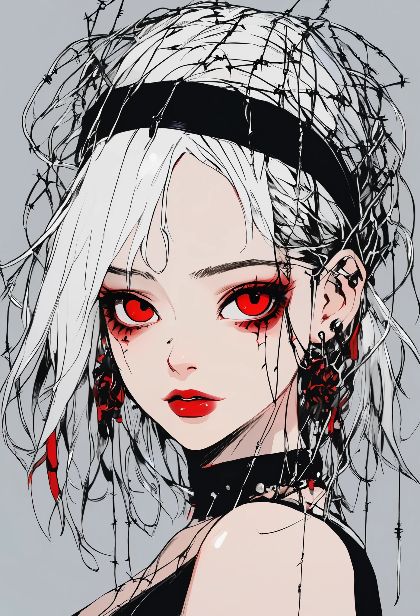 Beautiful young white-haired girl with piercing red eyes, half smile with full lips, black nails, barbed wires everywhere(coiled black barbed wires)