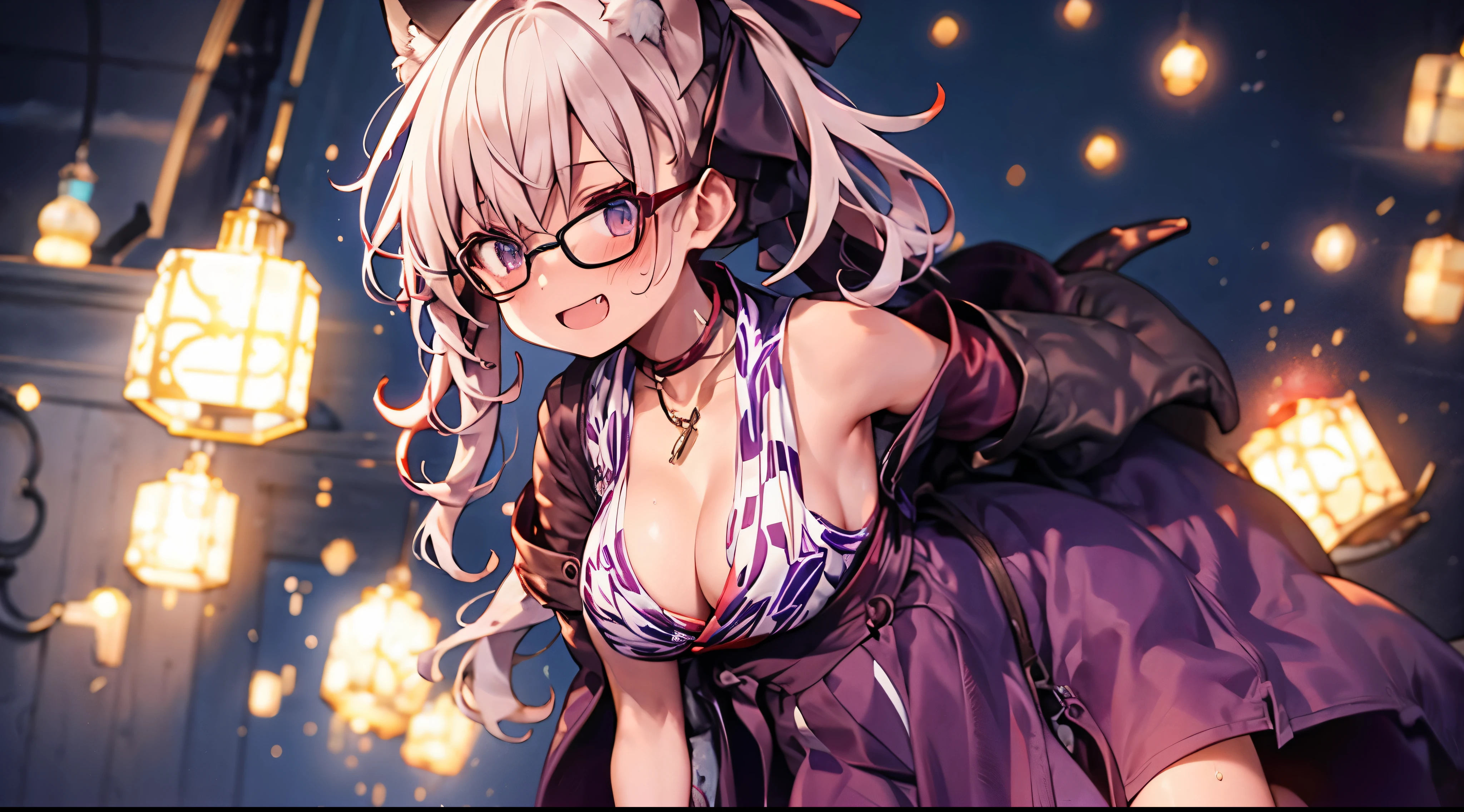 masterpiece、highest quality、1girl , solo , huge breasts、deep cleavage、light green hair、ponytail、fox ears、brightly colored eyes、blue eyes、black glasses、green kimono、light purple long hakama、brown leather jacket、leather boots、flashy necklace、charm、Wet、face turns red, very sweaty, dynamic pose、standing、City of night