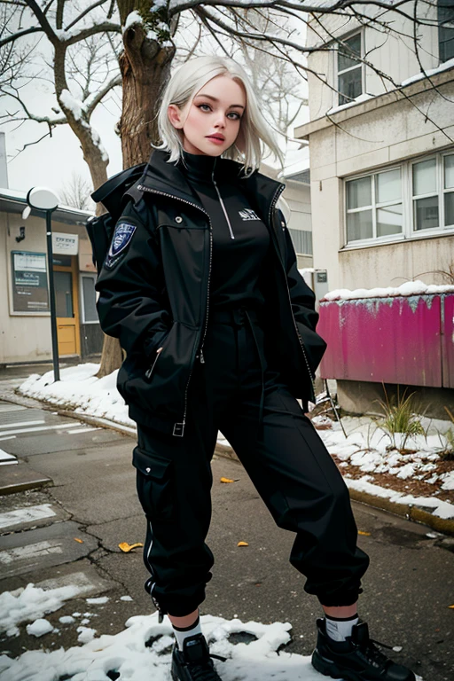 Araffed woman in a black jacket and trousers stands on a snowy sidewalk, photo of a woman in techwear style, total black Cloth, Androgyny, wear black modern clothes, dark minimal Cloth, wear urban technical clothes, androgynous, black Cloth, black vest, androgynous person, wear black clothes, wear space tech clothes, Cloth: police officer
