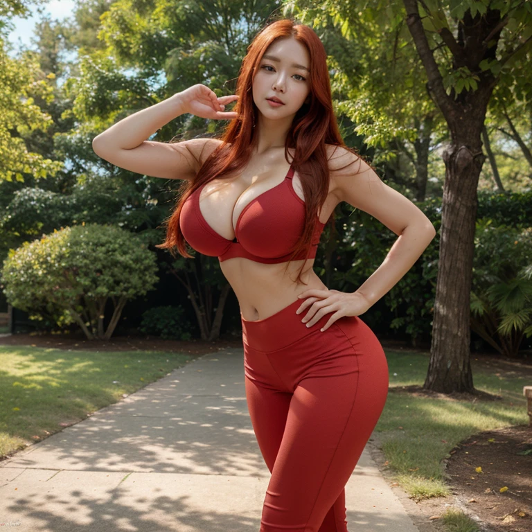 Super-detailed, 8k HD, Korean, 1 girl, solo, long red hair, beautiful and perfect figure, detailed hand and face, busty body, curvy body, big breast, large butt, lean abs, sport bra and pants, running in the park