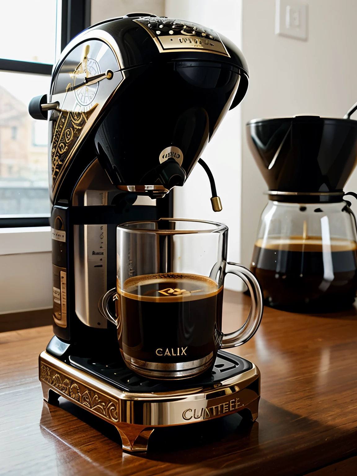 generate an image on a small espresso maker, with ornate designs and intricate line work, include a fancy clock that starts the machine