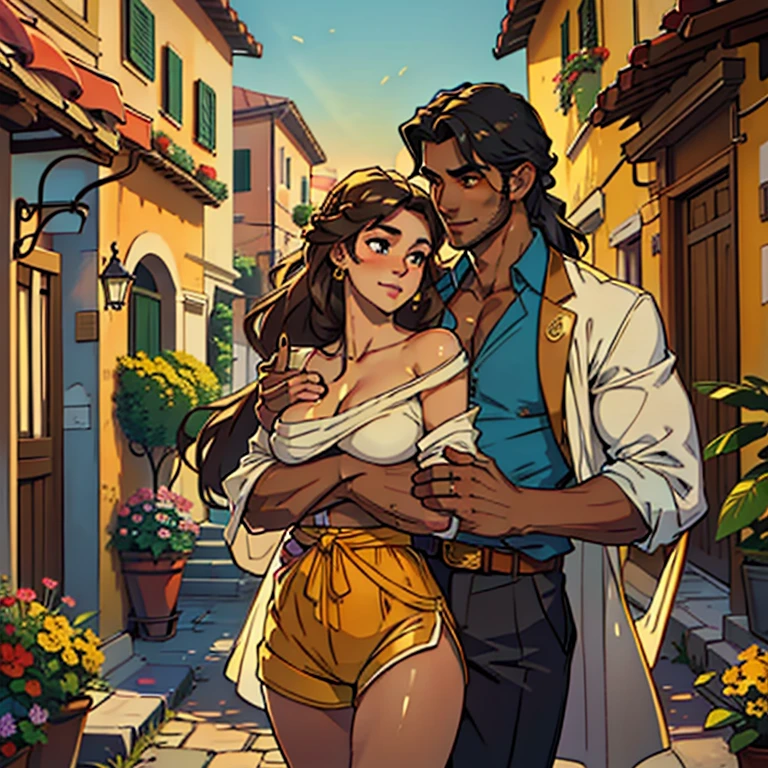 One handsome Chad in a summer shirt and shorts hugging three beautiful racially diverse snuggling him and touching him intimately, women dressed for exploring Italy looking very formal and classy and pretty showing skin with lots of color, perfect athletic bodies, women: long flowing hair and nice asses, dible detail on textures, flowers in hair, seductive, materials, golden hour, , jewelry, golden hour, photorealistic, masterpiece, in love, grins, perfect faces, Flirtatious, setting: exploring an Italian villa, harem, big beautiful eyes, painterly style